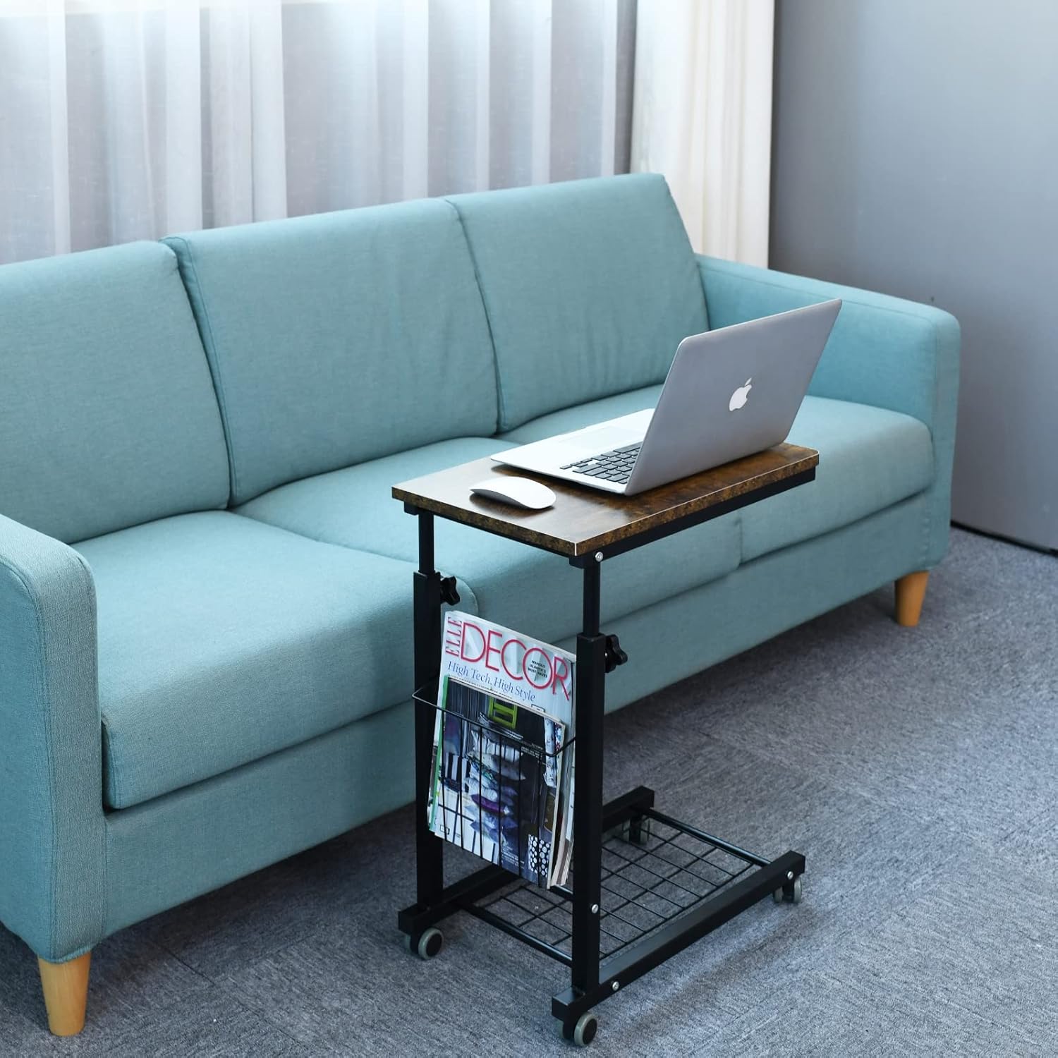 AIZ Overbed Table, Height Adjustable Sofa Side Table Slide Under The Sofa Table Laptop End Table Rolling Bedside Desk Cart, Black & Yellow