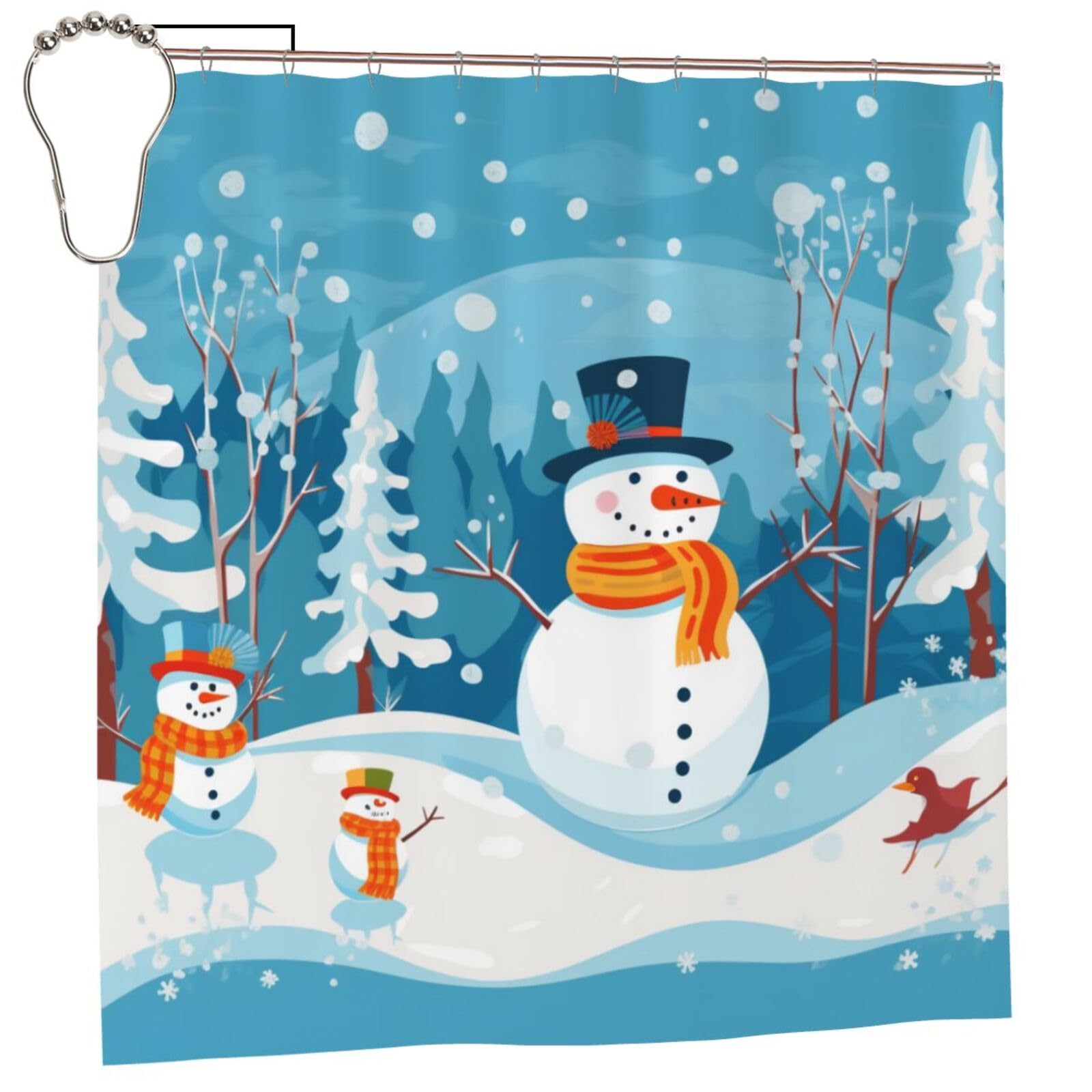 BWWHCCTI Winter Snowman Printed Shower Curtain With 12 Iron Hooks Opaque Quick Drying Waterproof Shower Curtains Sets For Bathroom 183x183 CM