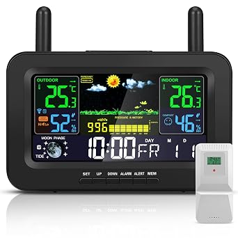 zerotop Weather Stations Wireless Indoor Outdoor with Calendar/Temperature/Humidity/Barometric/Forecast/Moon Phase/Alarm Clock, LCD Digital Weather Station with Outdoor Sensor for Home Office, Black