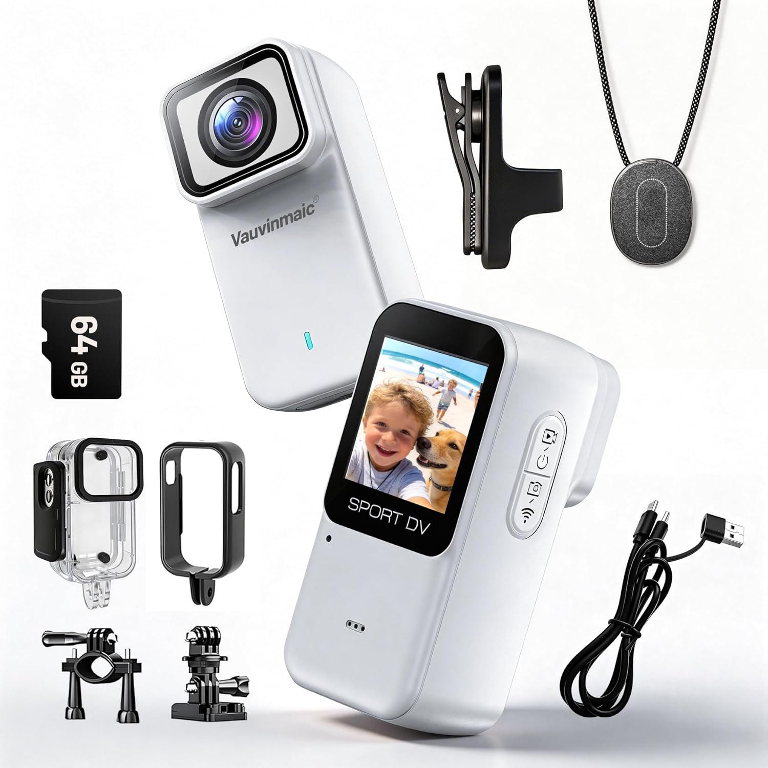 4K Body Camera with WiFi, POV Action Cam for Motorcycling Skiing Cycling Vlogging Sports, Magnetic Wearable Thumb Camera for Hands-Free Recording, Waterproof Portable Video Recorder, 64GB Card, White