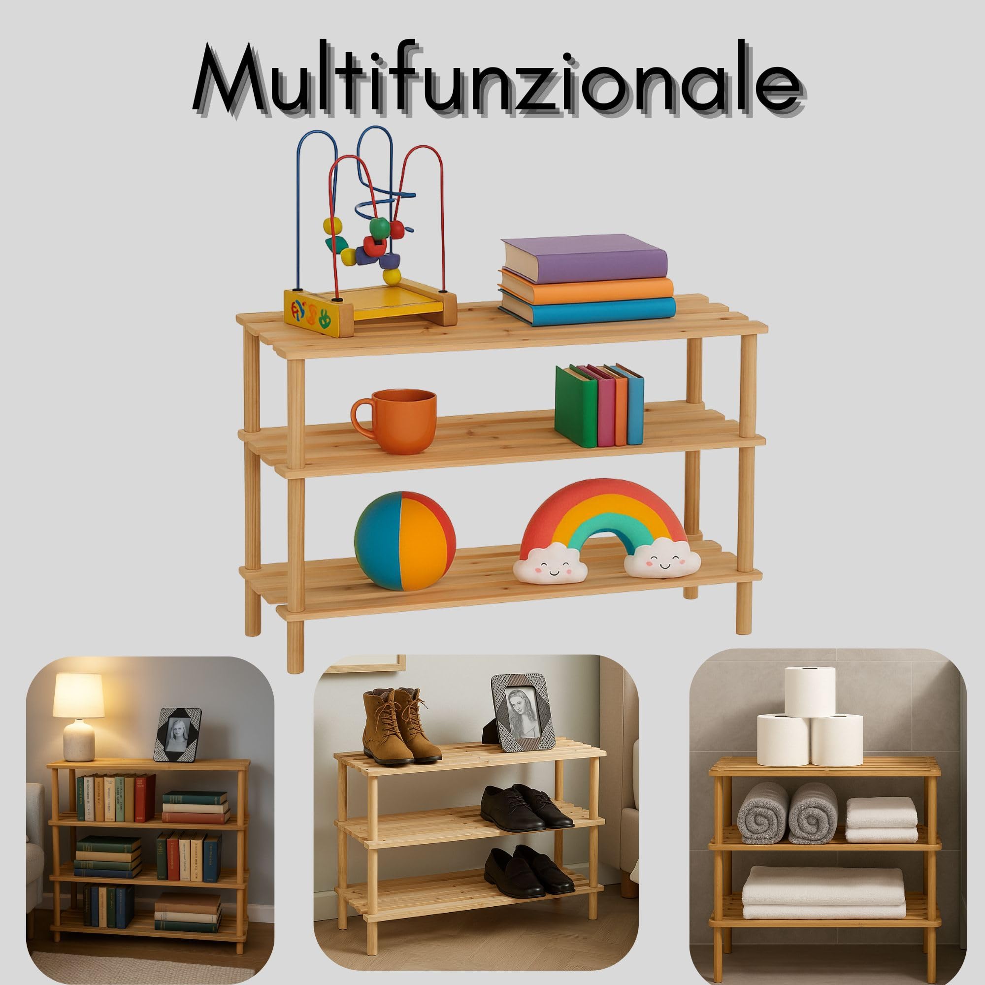 Scarpiera a 3 livelli in legno naturale di bambù 63x26x48h cm