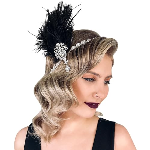 Miniatura 8 de SWEETV Diadema de plumas de los años 20, color marfil, diadema de cristal de plumas de avestruz, accesorios para el cabello de gran Gatsby para