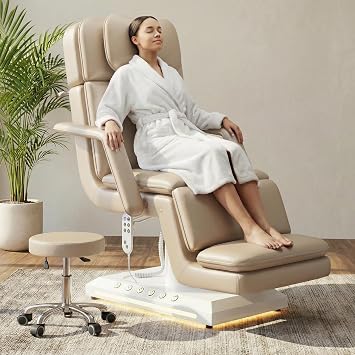 Electric Massage Table w/Stool, 3 Motor Professional Spa Bed, Foot Pedal & Remote Control, Height Adjustable Wide Facial Table for Salon & Spa Champagne | with Rolling Stool
