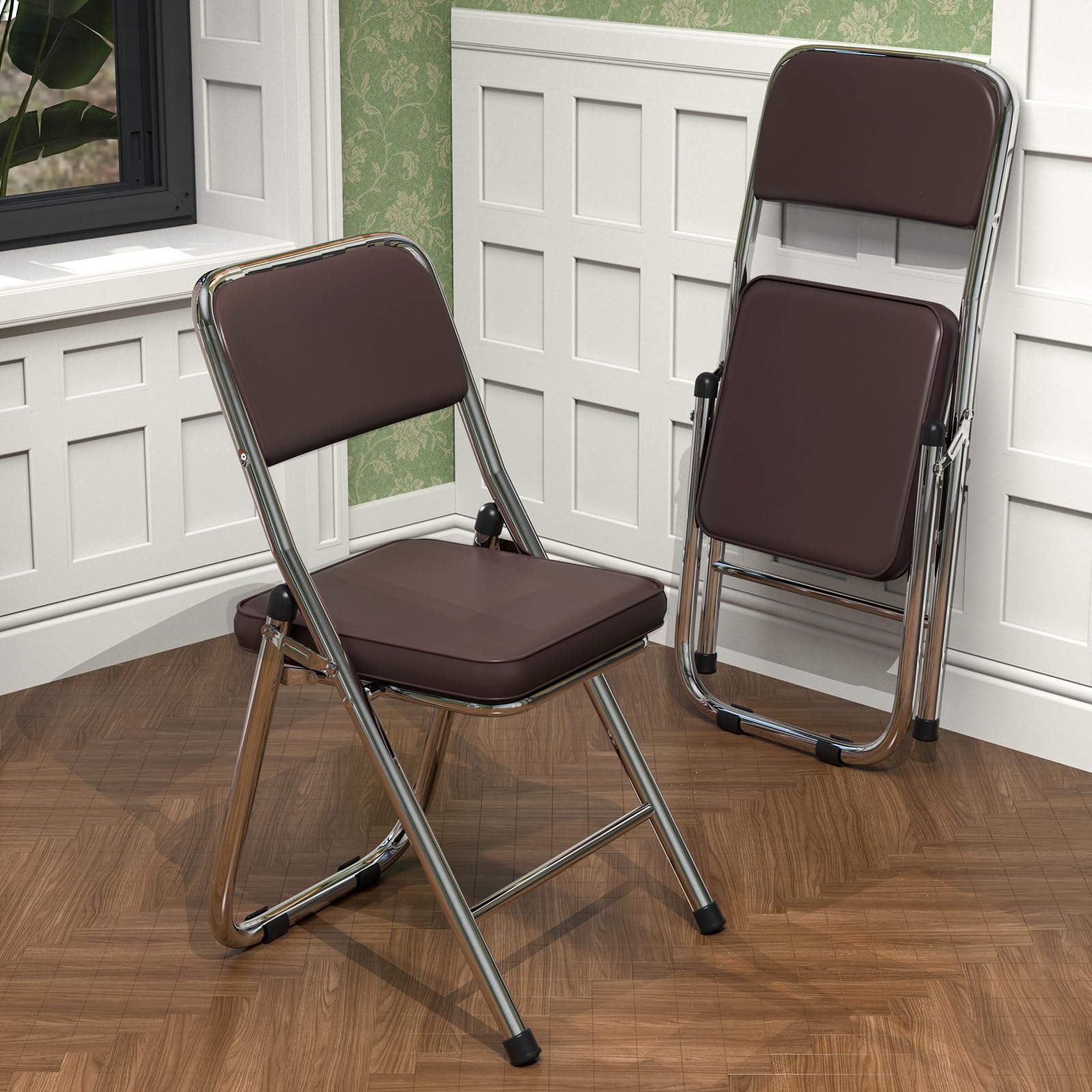 PIPIPOXER Set di 1 Sedie Pieghevoli Imbottite Salvaspazio Sedia Pieghevole in Metallo Cromato e Piedini Antiscivolo Sedia In Ecopelle Sedie da per cucina, interno, esterno,marrone