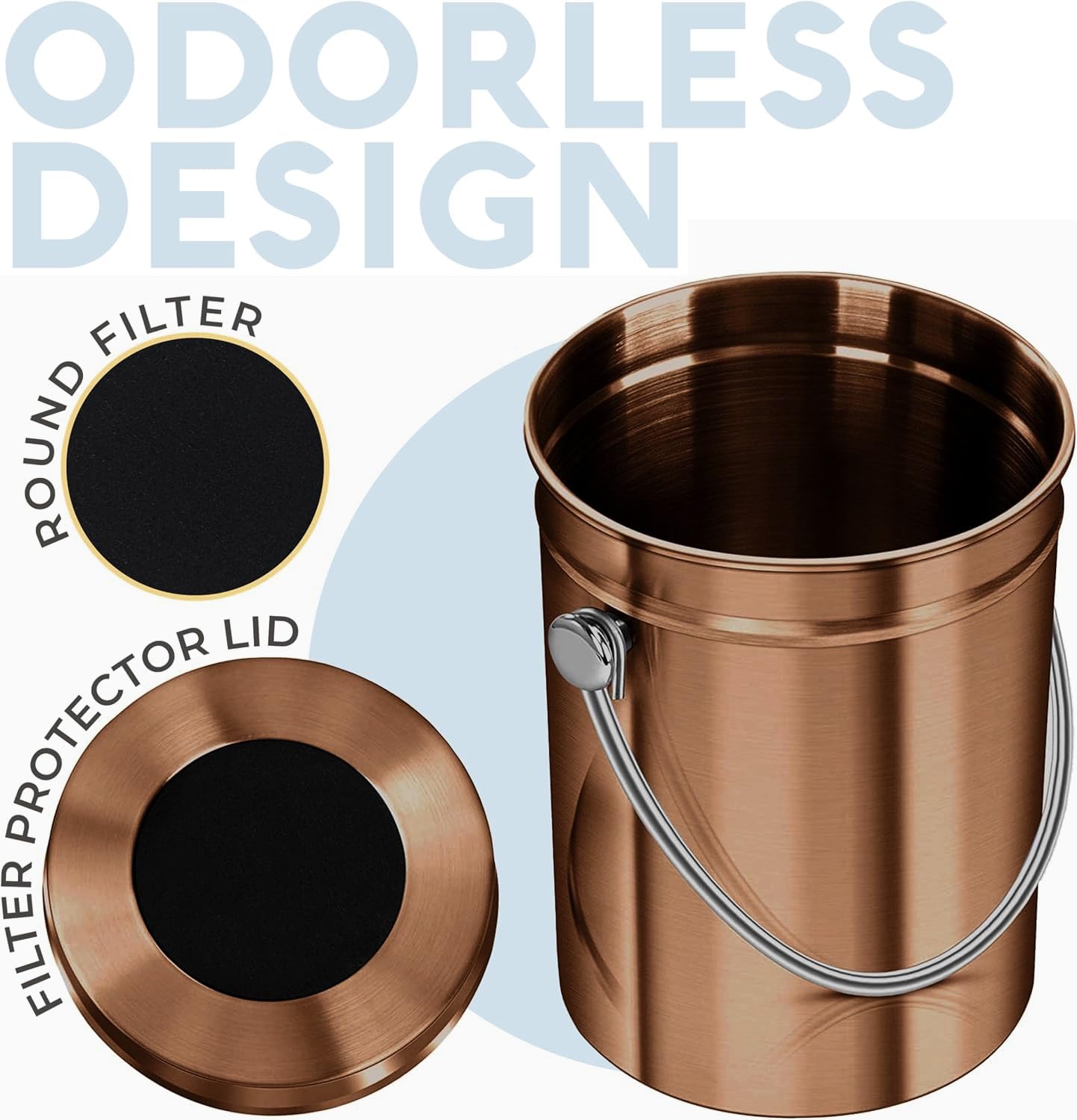 ENLOY Poubelle à compost pour comptoir de cuisine, seau à compost en acier inoxydable cuivre mat de 5,8 l avec couvercle, seau à déchets alimentaires inodore avec 2 filtres à charbon, seau