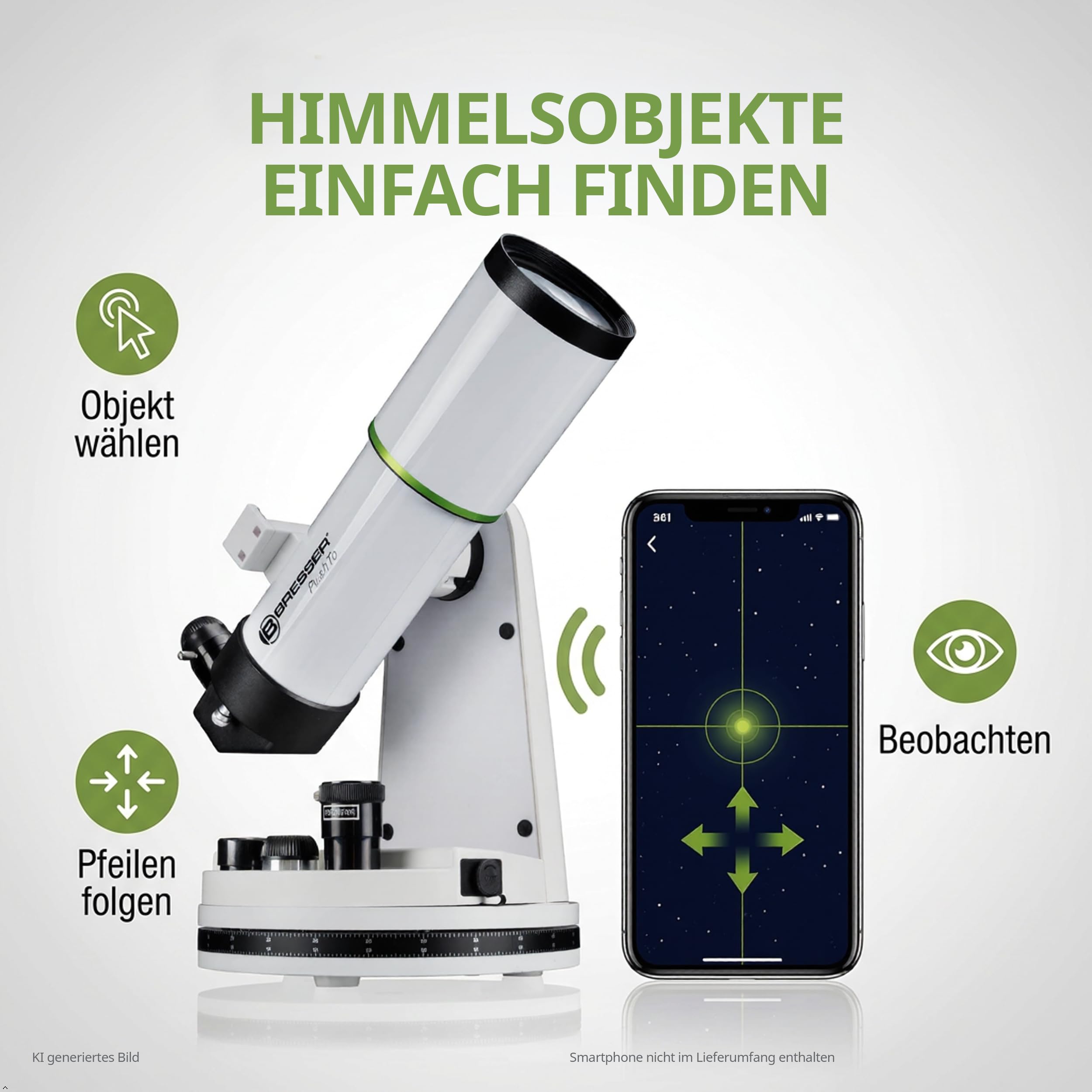 Bresser PushTo AR 80/400 Telescopio Inteligente con App y trípode | Apertura de 80 mm, focal de 400 mm, navegación en tiempo real, uso de sobremesa, adaptador móvil, oculares, lente Barlow