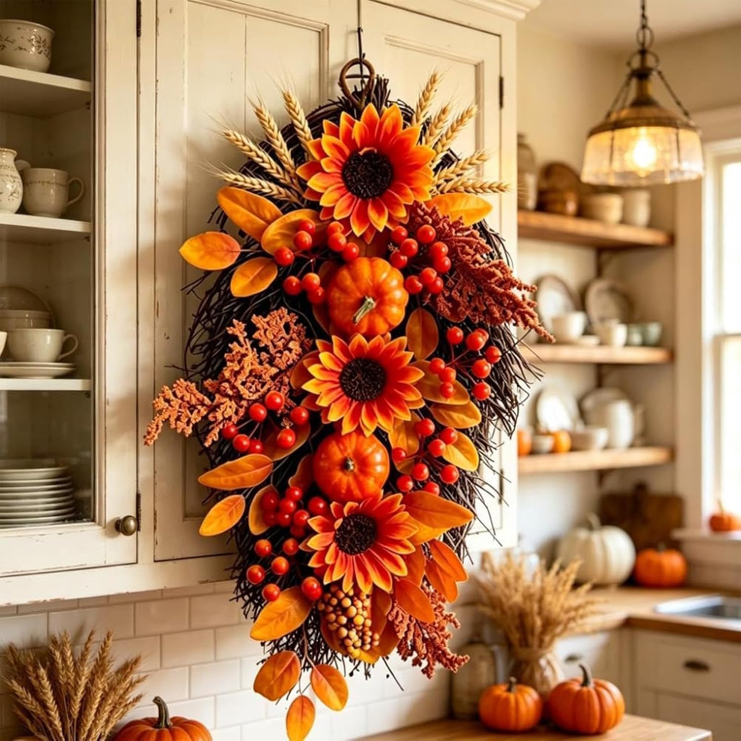 Autumn Wall Swag - Sunflower Pumpkin Artificial - Fall Berries Door Decor