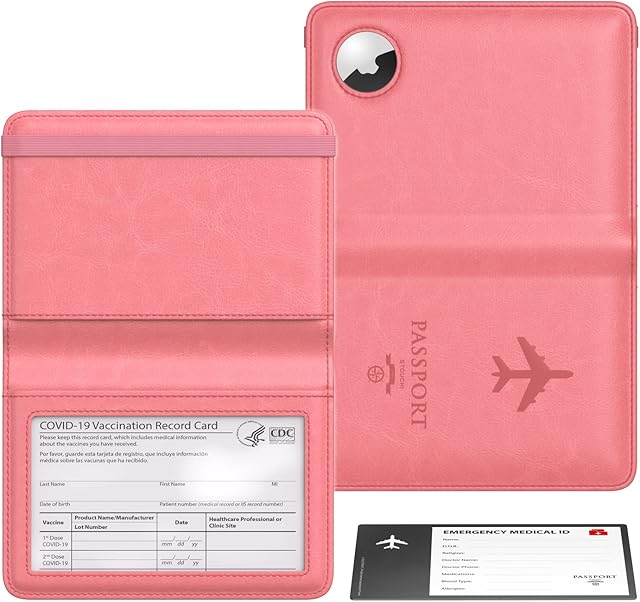 Passport Holder Airtag Wallet Stouchi UK Passport Cover Vaccination Card Protector PU Leather Travel Wallet Case Organiser Document Holder for Men&Women Passport,Business Cards,Boarding Passe(Pink)