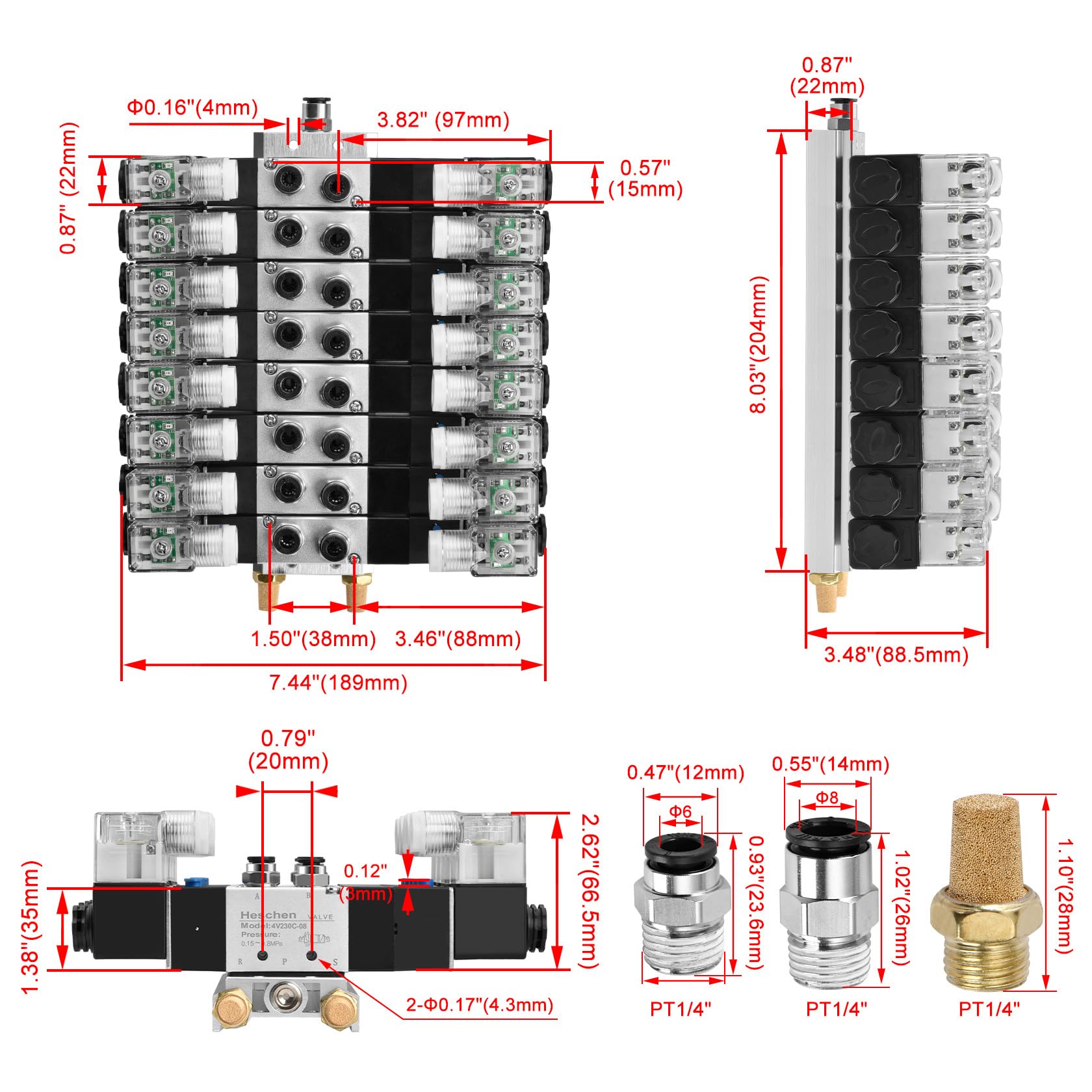 Heschen Electroválvula neumática eléctrica 8, 4V230C-08, 12VDC, PT1/4, 5 vías 3 posición, base del colector, silenciador, conjunto de accesorios rápidos, CE