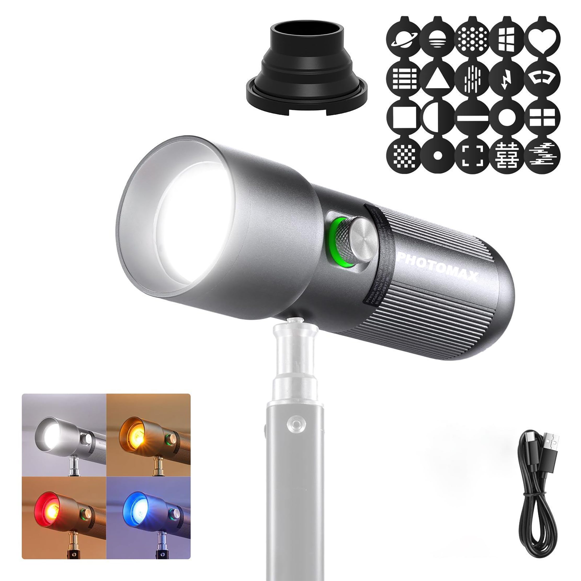 PHOTOMAX M-10 Portable Snoot Flashlight for Photography Rechargeable– 10W LED Spotlight with 4 Colors & 20 Pattern Effects | Adjustable Background Light 4340Lx / 0.3m for Video & Studio Shooting-image-6