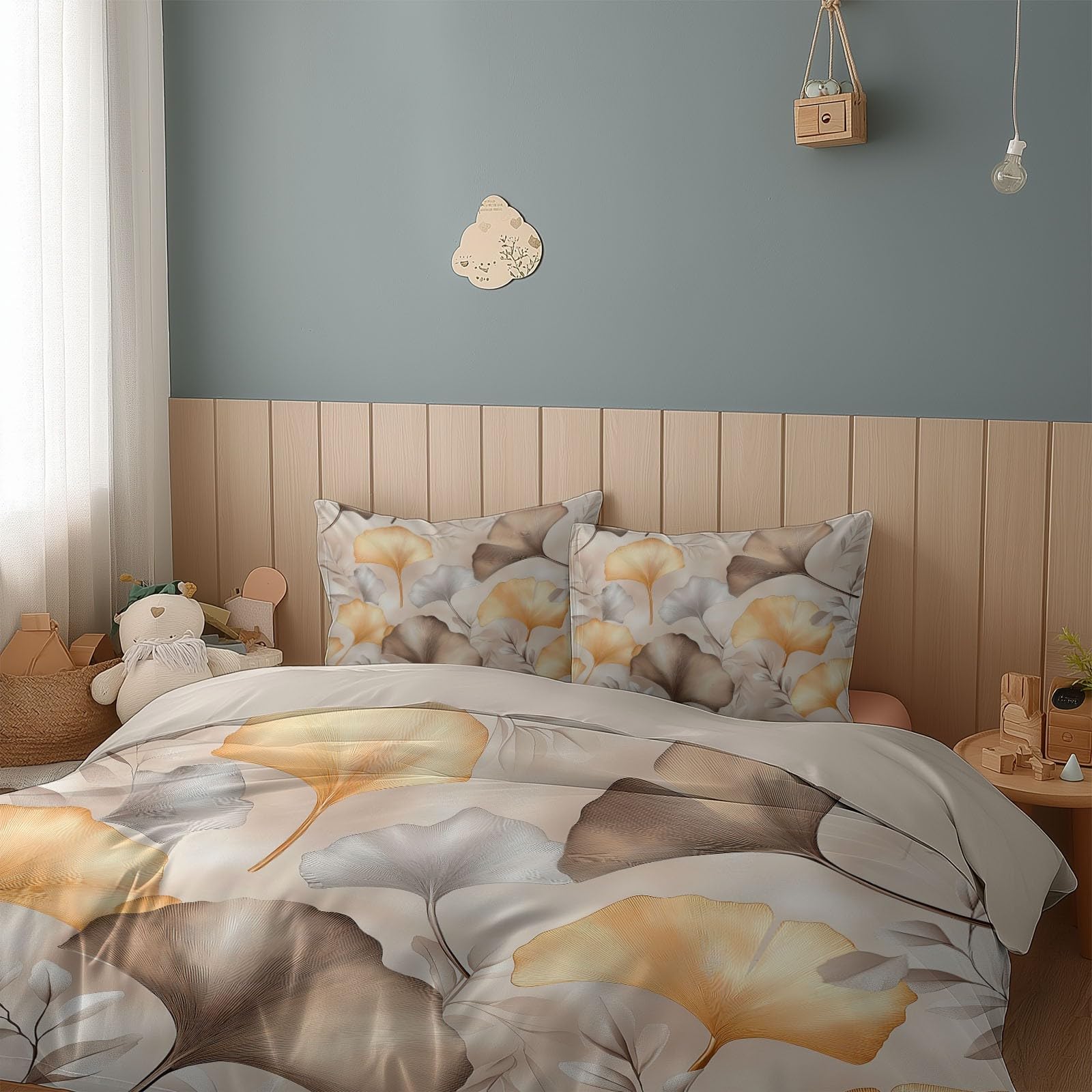 Poszwa na kołdrę 240 x 220 cm beżowa dwustronna pościel dla dorosłych z zamkiem błyskawicznym, 2-osobowa poszwa na kołdrę kreatywny arkusz miłorzębu, 2 poszewki na poduszki 65x65 cm