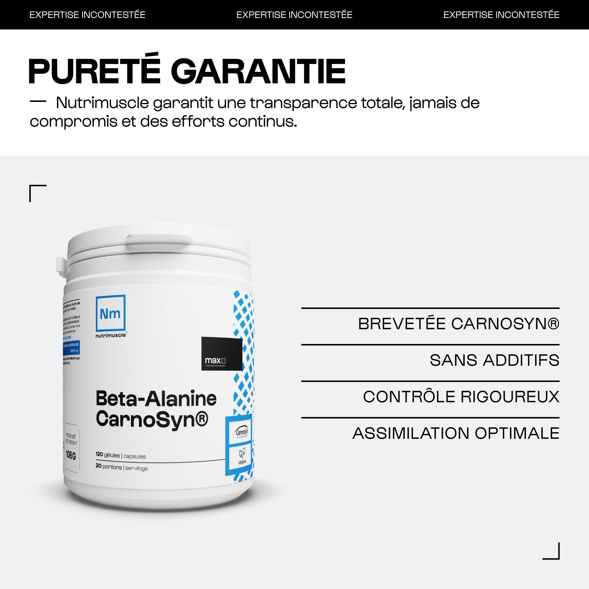 Nutrimuscle Bêta-Alanine Carnosyn 120 Gélules | 100% Pure - 4680 mg par dose - Booster Force et Endurance - Musculation et Fitness - Idéal en Pre Workout - Vegan