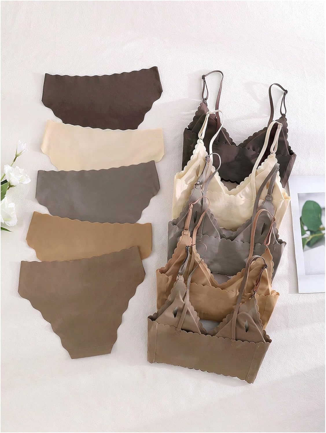 Women's 5 Pack Seamless Lingerie Sets Scallop Trim Wireless Bralettes No Show Bra and Panty Sets Matching Underwear - Image 2