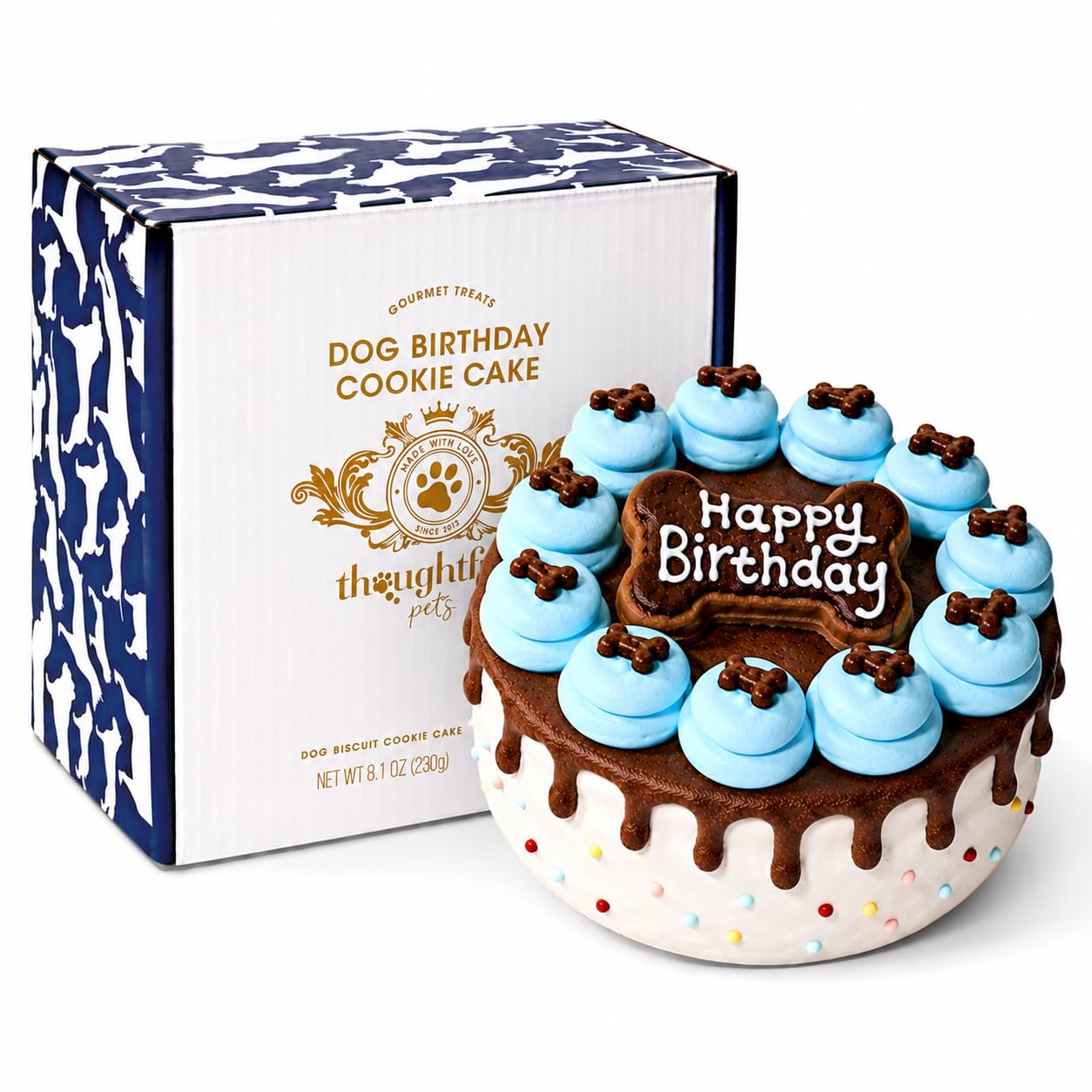 Blue Dog Birthday Cookie Cake, Decorated Gourmet Biscuit Dog Treat Cake