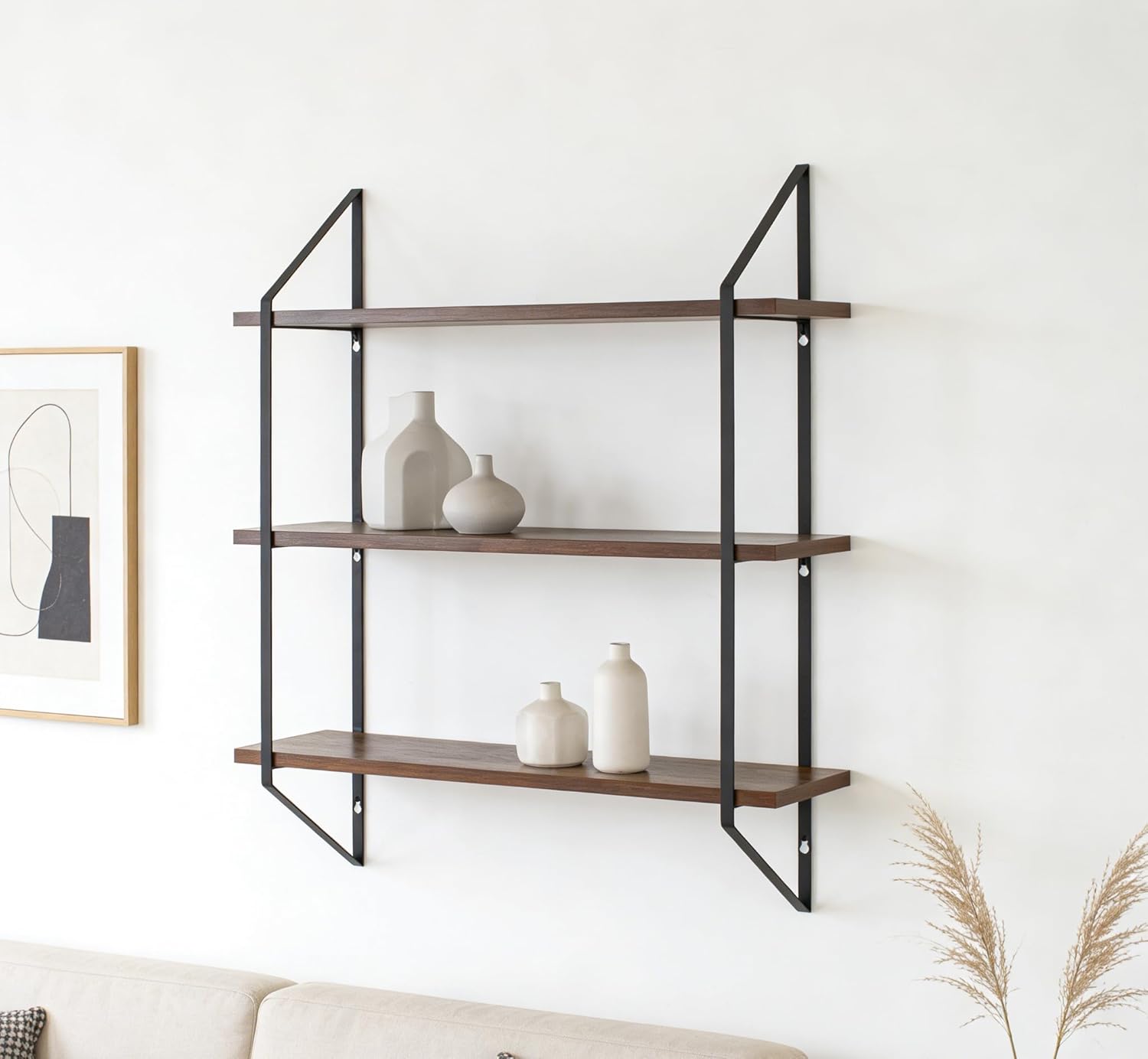 3-Tier 20" W Walnut Board Black Metal Bracket, 20 Inches in Length, 5 Inches in Width, and 23 Inches Modern Wall Shelf for Bathroom Bedroom Living Room Garden