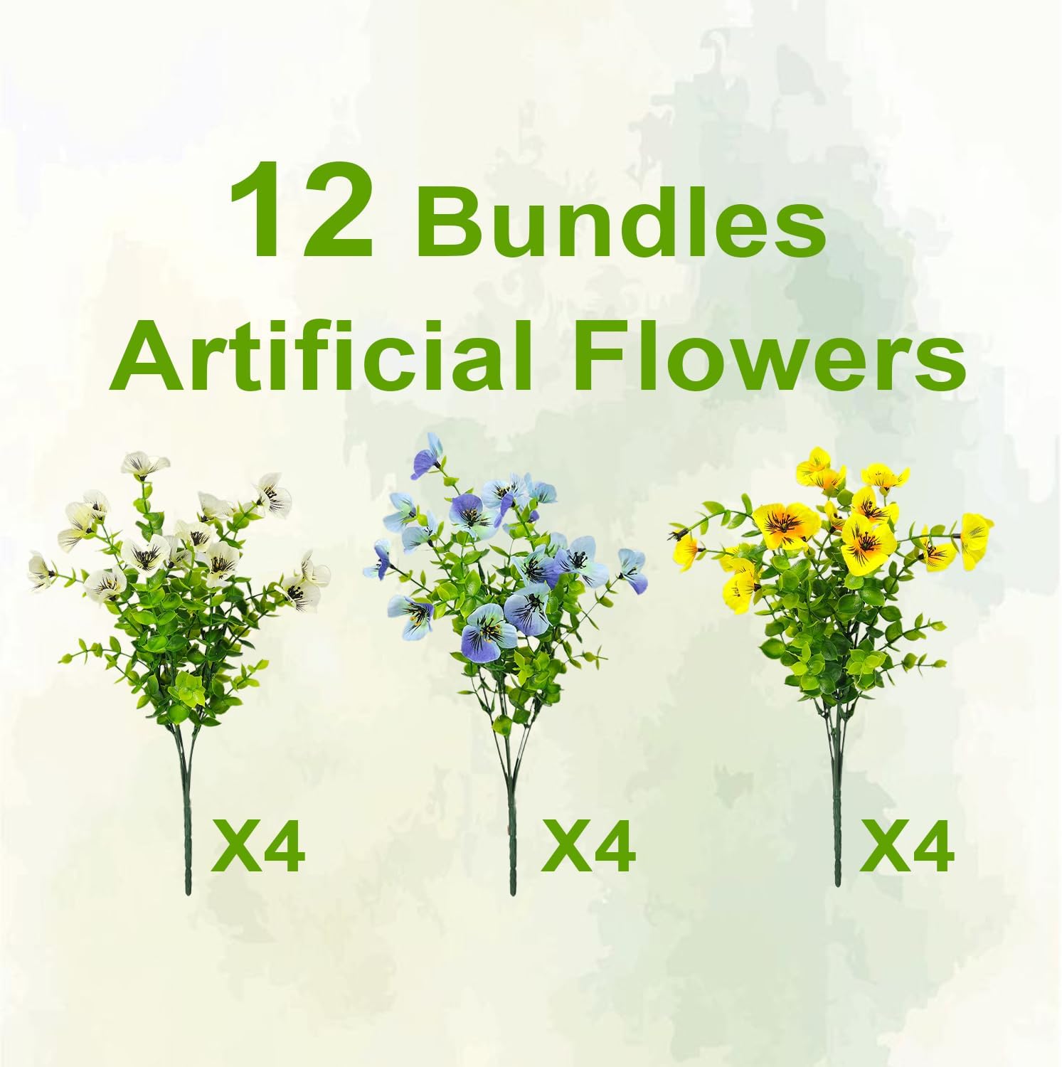Pansies Artificial Flowers for Outdoors 12 Bundles Fake Silk Pansy Faux Plastic Plants UV Resistant for Home Outside Garden Planter Front Door Porch Yard Patio Decor (Blueyellowwhite) - Image 4