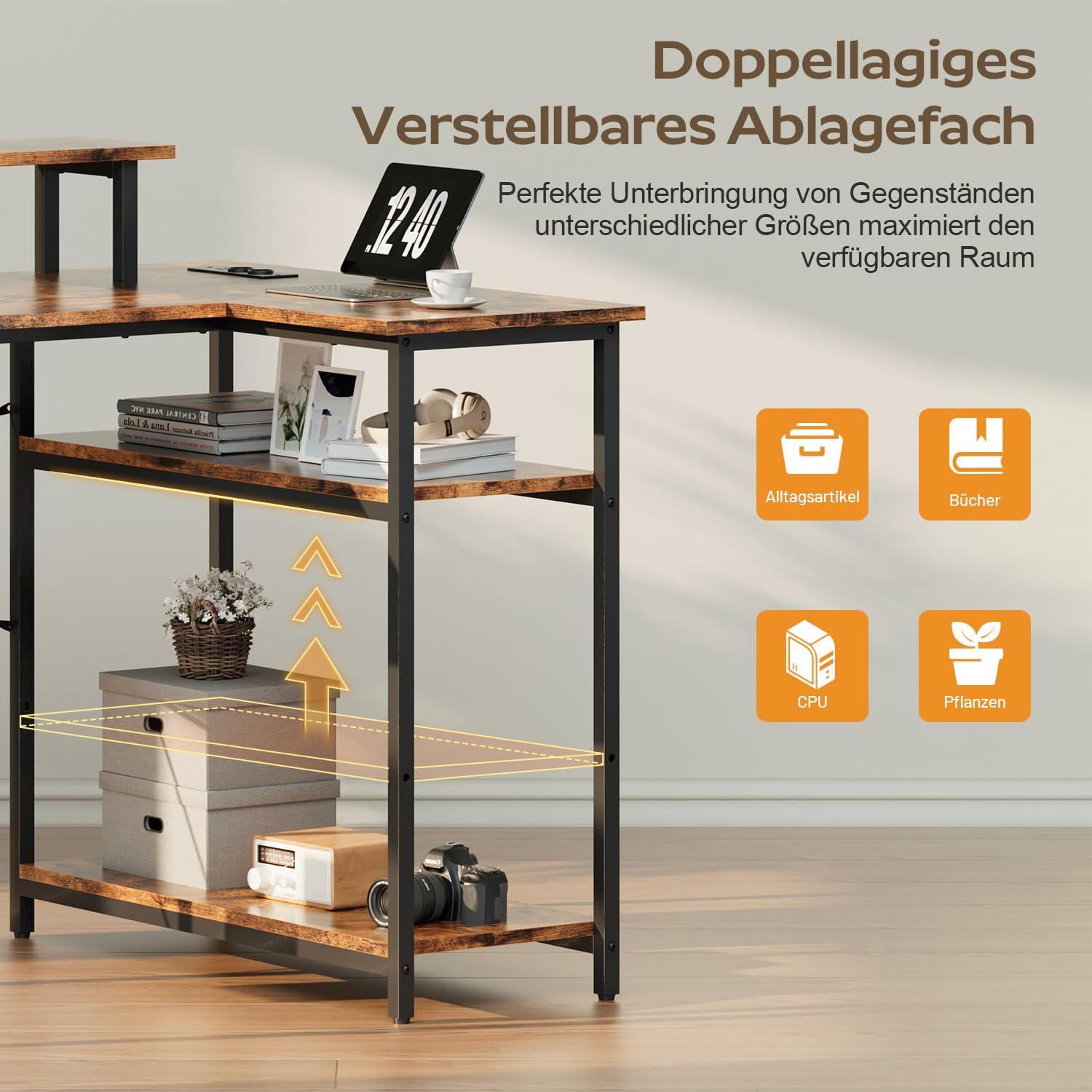 L-förmiger Schreibtisch Mit LED & Steckdosen – 110x80 Cm, Eckschreibtisch Mit Regal, Monitorständer, Braun