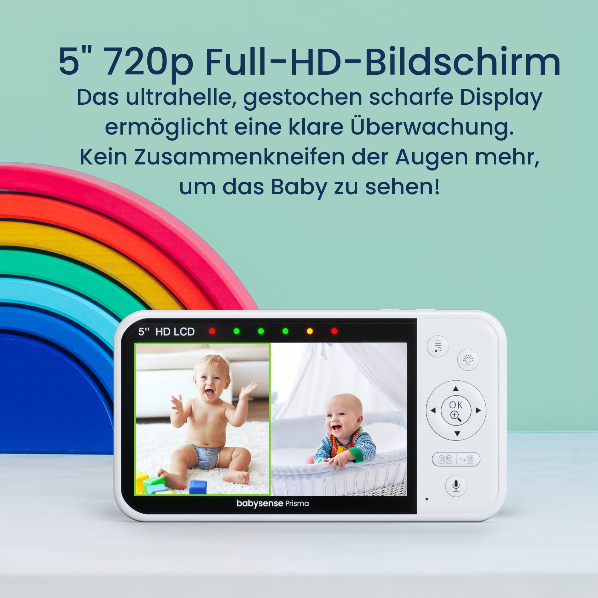 Babysense Babyphone 720p HD 5 Zoll mit 2 Kameras, Video Babyphone ohne WLAN, 6-Farben-Nachtlicht, Wiegenlieder, 300m Reichweite, Zwei-Wege-Audio, 4-facher Zoom, 4000mAh Akku
