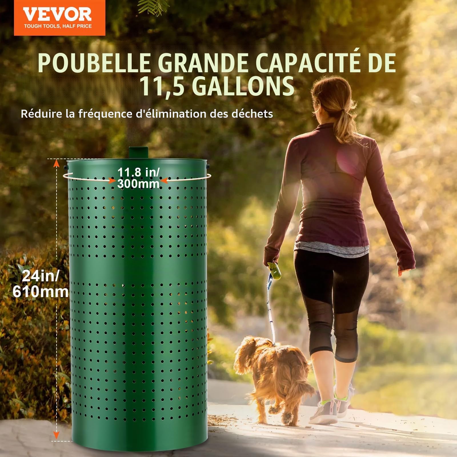 VEVOR Poubelle à Crottes Chien, 43 L, Poubelle à Déjections Canines avec Couvercle, 50 Sacs de Doublure, pour Élimination de Déjections d'Animaux de Compagnie, Jardin, Arrière-cour, Parc, Extérieur