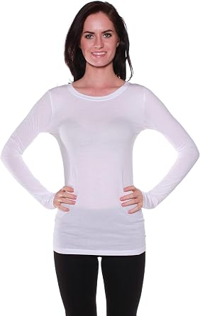 Active Basic Athletic Fitted Plain Long Sleeves Round Crew Neck T Shirt Top, Longer Length (Medium, White)