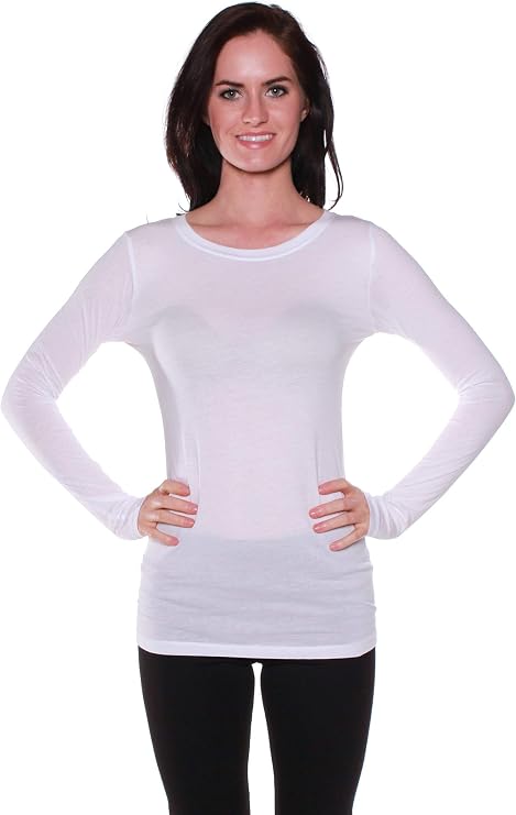 Active Basic Athletic Fitted Plain Long Sleeves Round Crew Neck T Shirt Top, Longer Length (Medium, White)