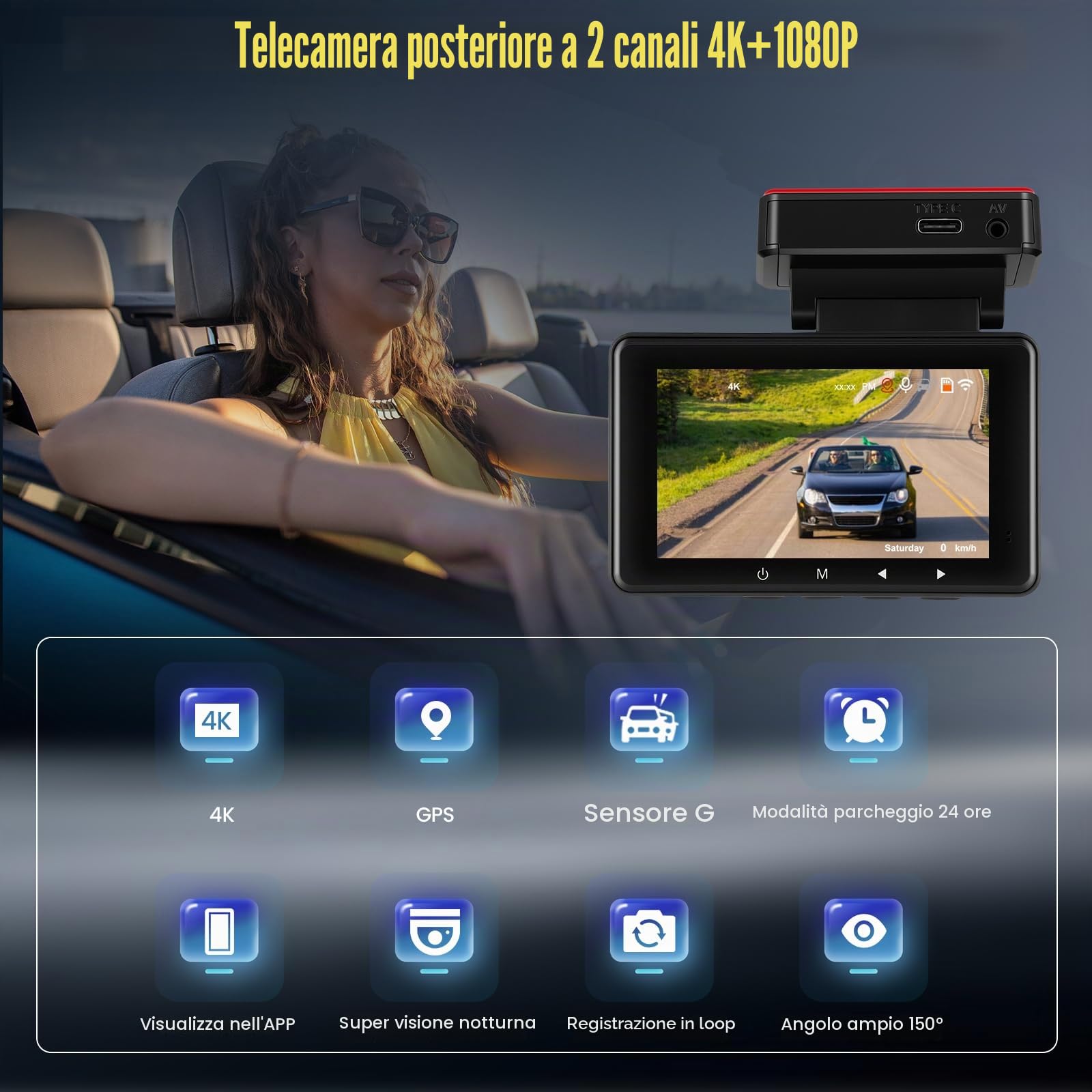 ESynic Dash Cam 1080P WiFi Grandangolare 160° - Telecamera Anteriore Con SD 32GB, G-Sensore, Visione Notturna E Modalità Parcheggio