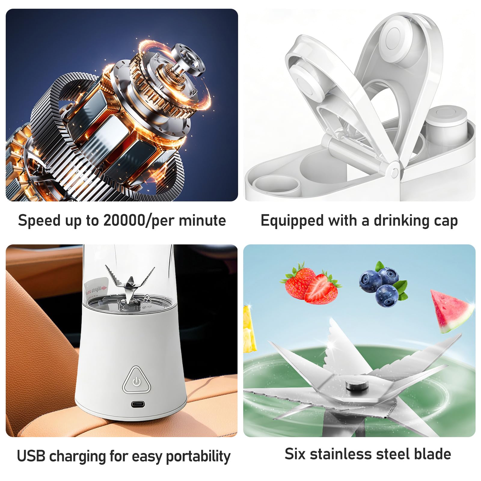 Frullatore portatile da 700 ml, mini frullatore con 6 lame, 6000 mAh, ricaricabile tramite USB, senza BPA, coperchio a prova di perdite e beccuccio per casa, ufficio e viaggi, bianco