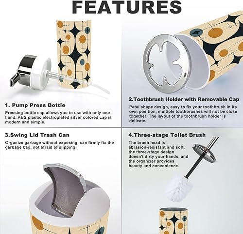 Miniatura 4 de Bathroom Accessories Set 6 Pcs Mid Century Vintage 1950s Modern Retro Atomic Circular Motifs Toothbrush Holder Cup Soap Dispenser Soap Dish Toilet