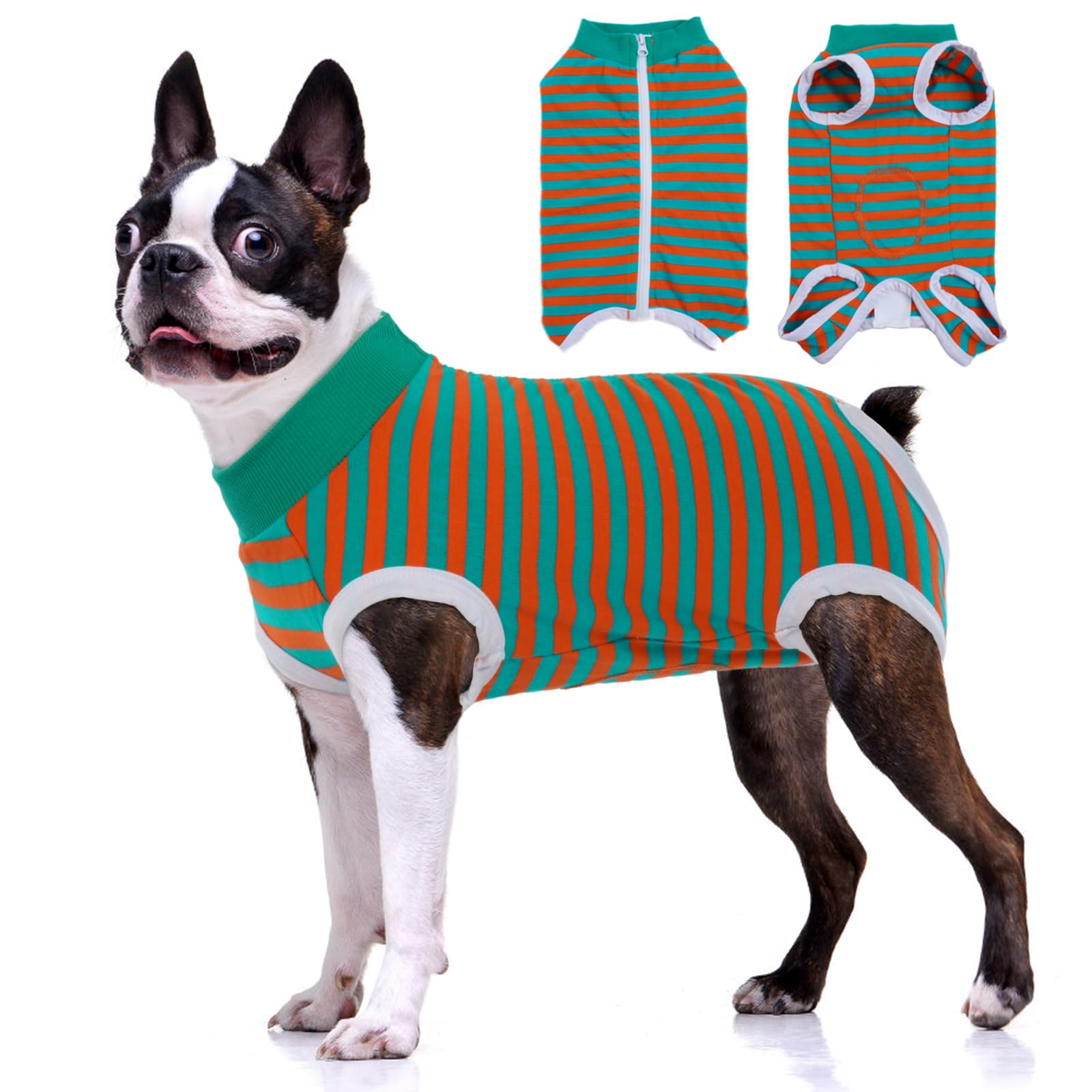BRKURLEG Small Dog Recovery Suit After Surgery, Abdominal Wound Protection, Back Zipper Spay Recovery Suit for Dogs &amp; Cats, Soft Anti-Licking Puppy Onesie, Cone Alternative, Orange Green Stripes XXL