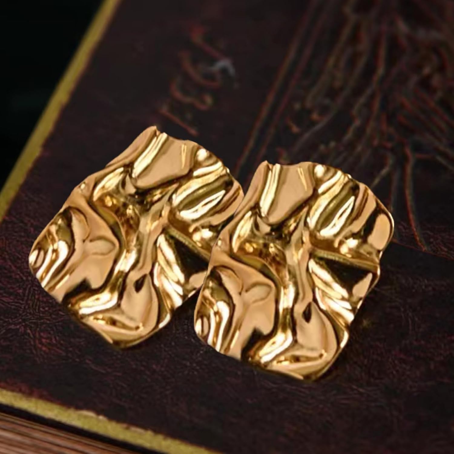 JeanBeau Chunky Gold Large Geometric Textured Stud Earrings for Women, Trendy Statement Irregular Square Lightweight Hypoallergenic Earing Prom Fashion Jewelry Gift - Image 7