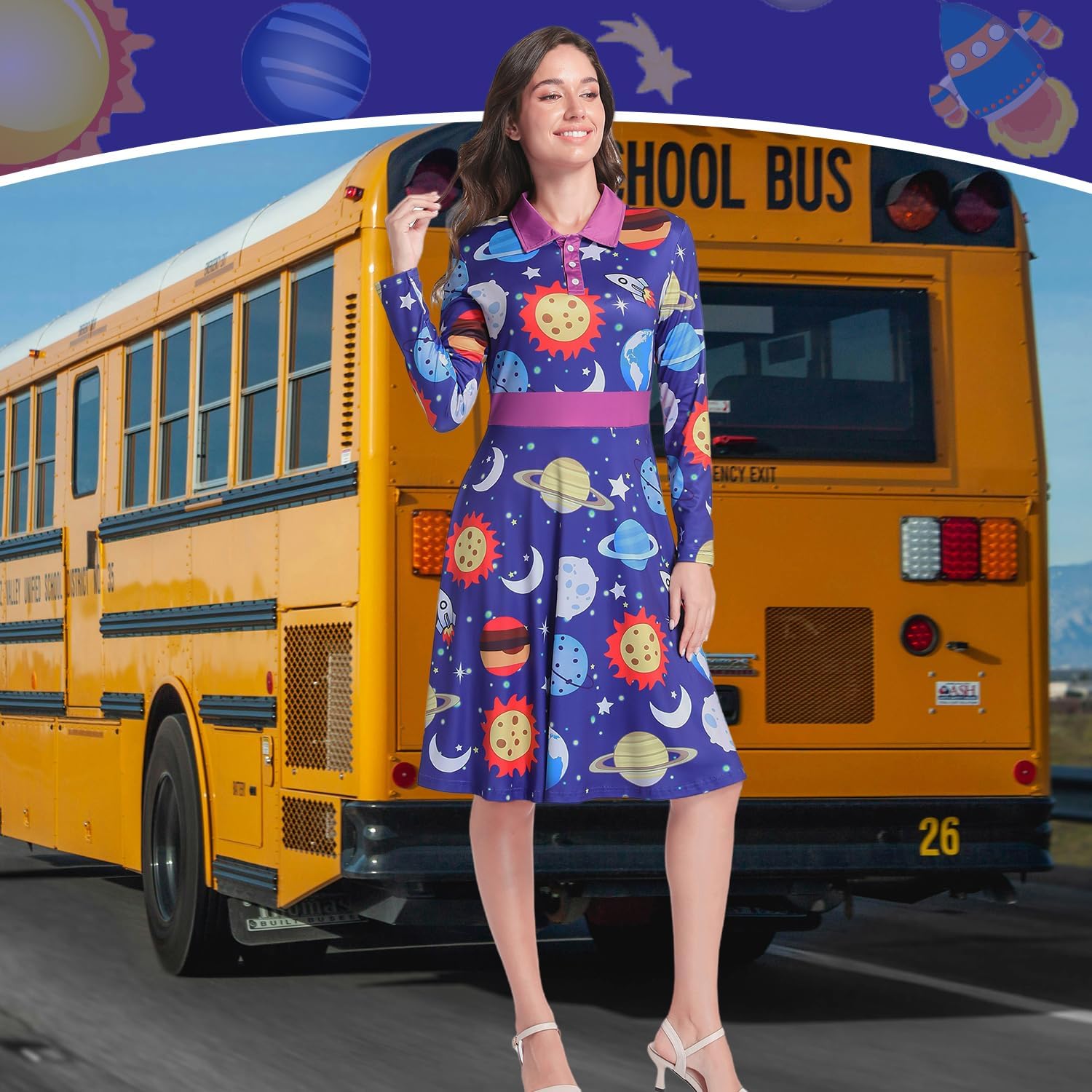 Adult Halloween Costumes Women Teacher Cosplay Outfit Vintage Dress with Accessories - Image 5