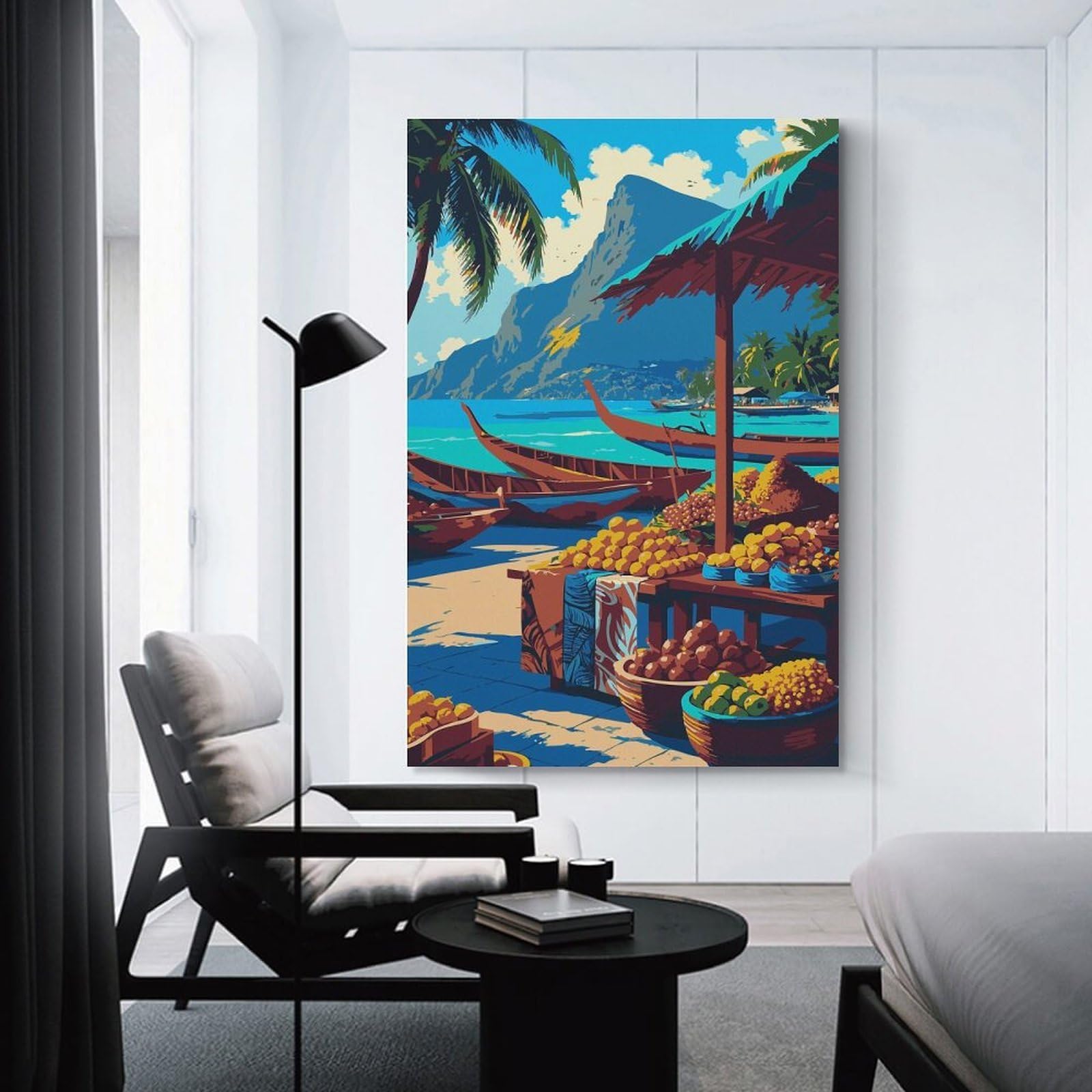 Junmoney Tropical Beach Market with Boats Room Decor Wall Art 12x18inch(30x45cm), for Entrance Spaces, Stair Walls Or Halls, A Neat Decor Update for Hallways