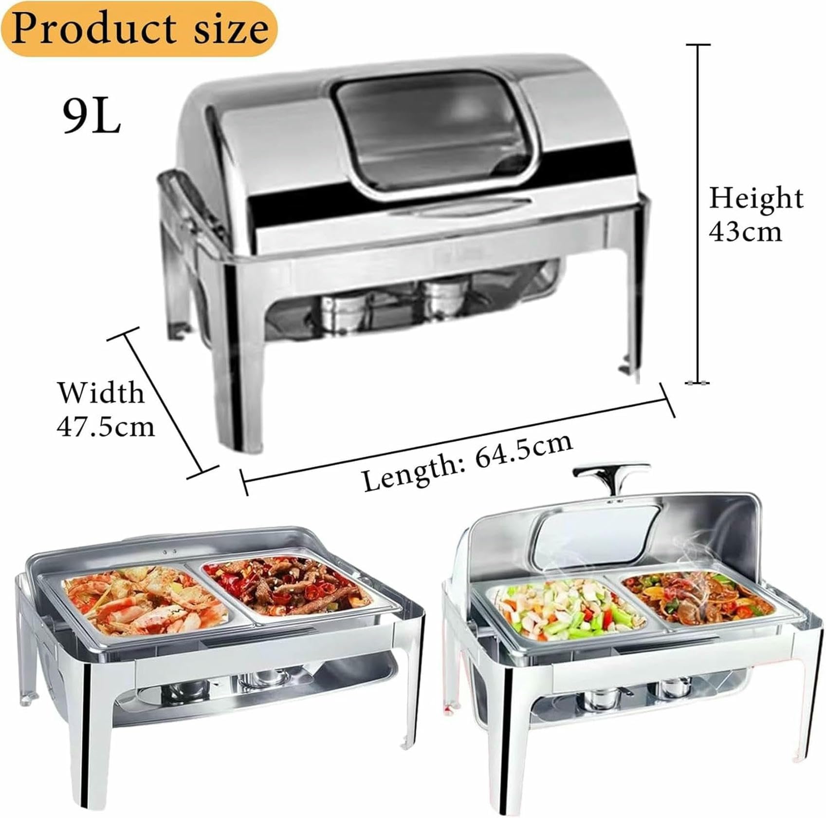 Juego de plato para calentar alimentos, juego de cinco piezas con bandeja para comida y agua, soporte, tapa y quemador, rectangular, con visor para cafetería, con aislamiento térmico y térmico, 9 l