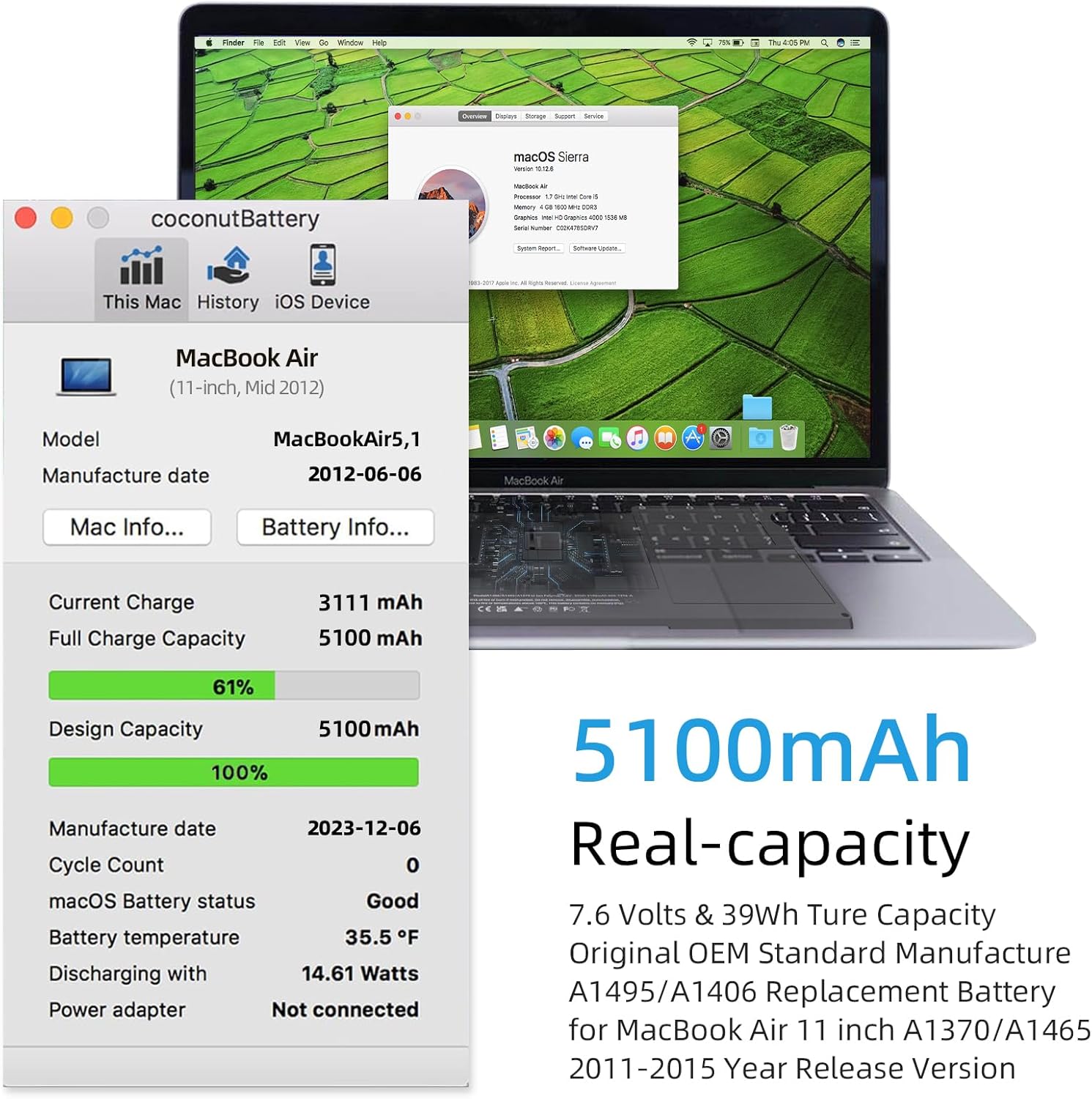 A1465 Battery Replacement, A1406 Battery for MacBook Air 11 Inch Early 2015, Early 2014, Mid 2013, Mid 2012, Mid 2011 Model A1370 A1495 Capacity 7.6V 39W 5100mAh