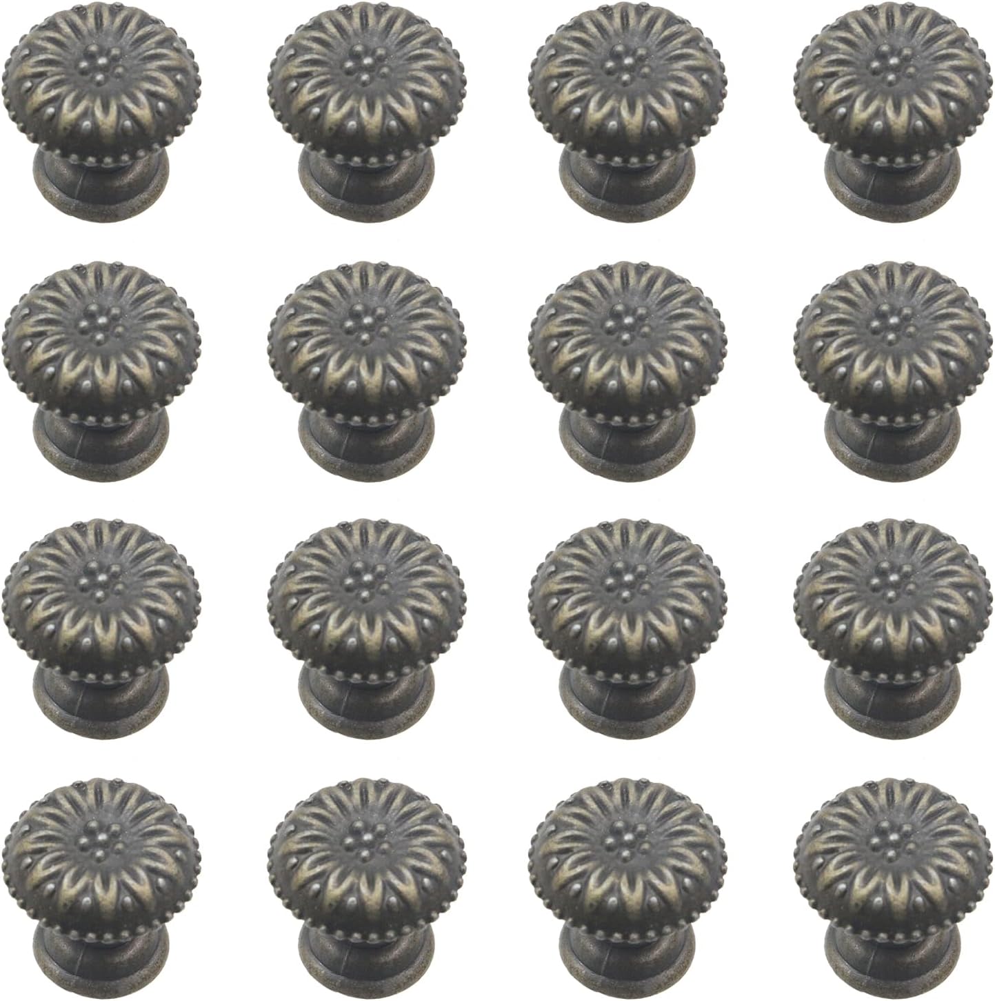 Geesatis 16 pcs Bronze Antique Knob Handles Flower Pattern Jewelry Box Drawer Cupboard Wardrobe Cabinet Pull Knobs Handles, with Mounting Screws, 0.7 x 0.6 inch, Mini Knobs