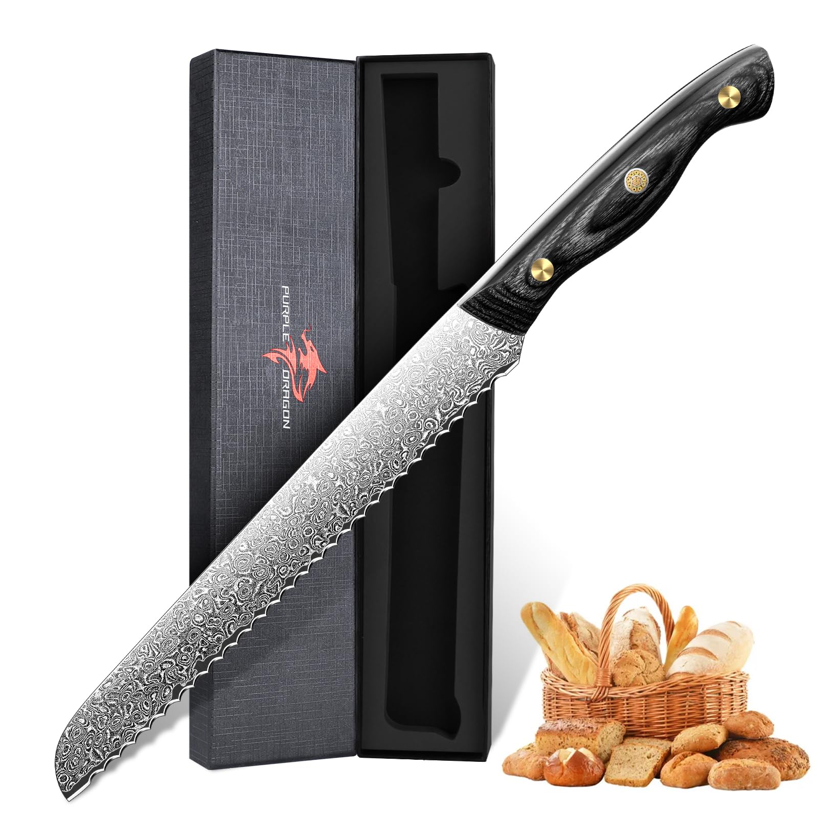 Purple Dragon Damast Brotmesser mit Wellenschliff - VG10 Kern und Holzgriff
