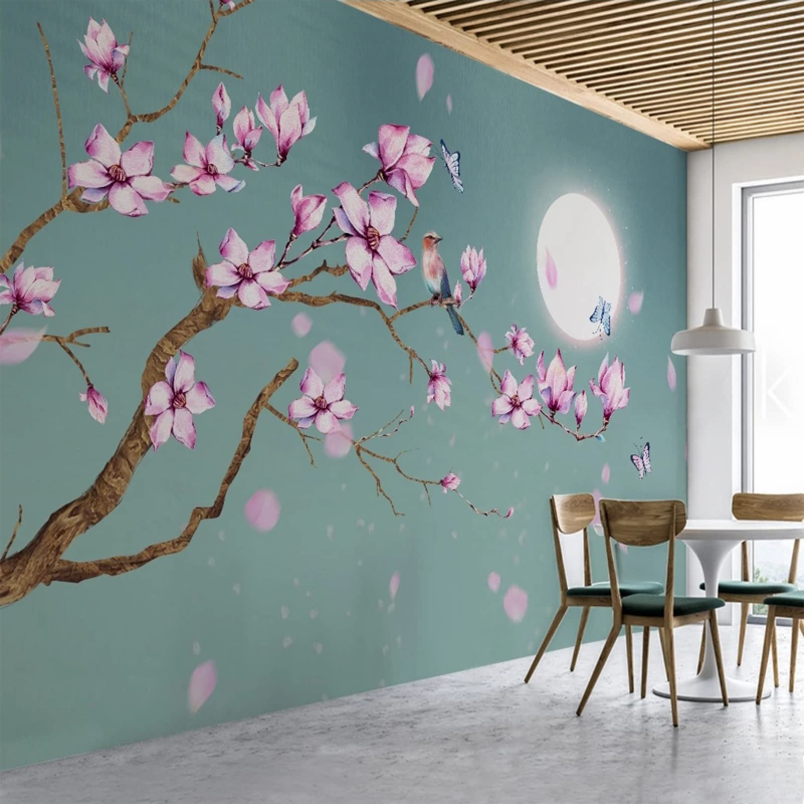 Papier peint magnolia et oiseau pour une chambre parentale zen