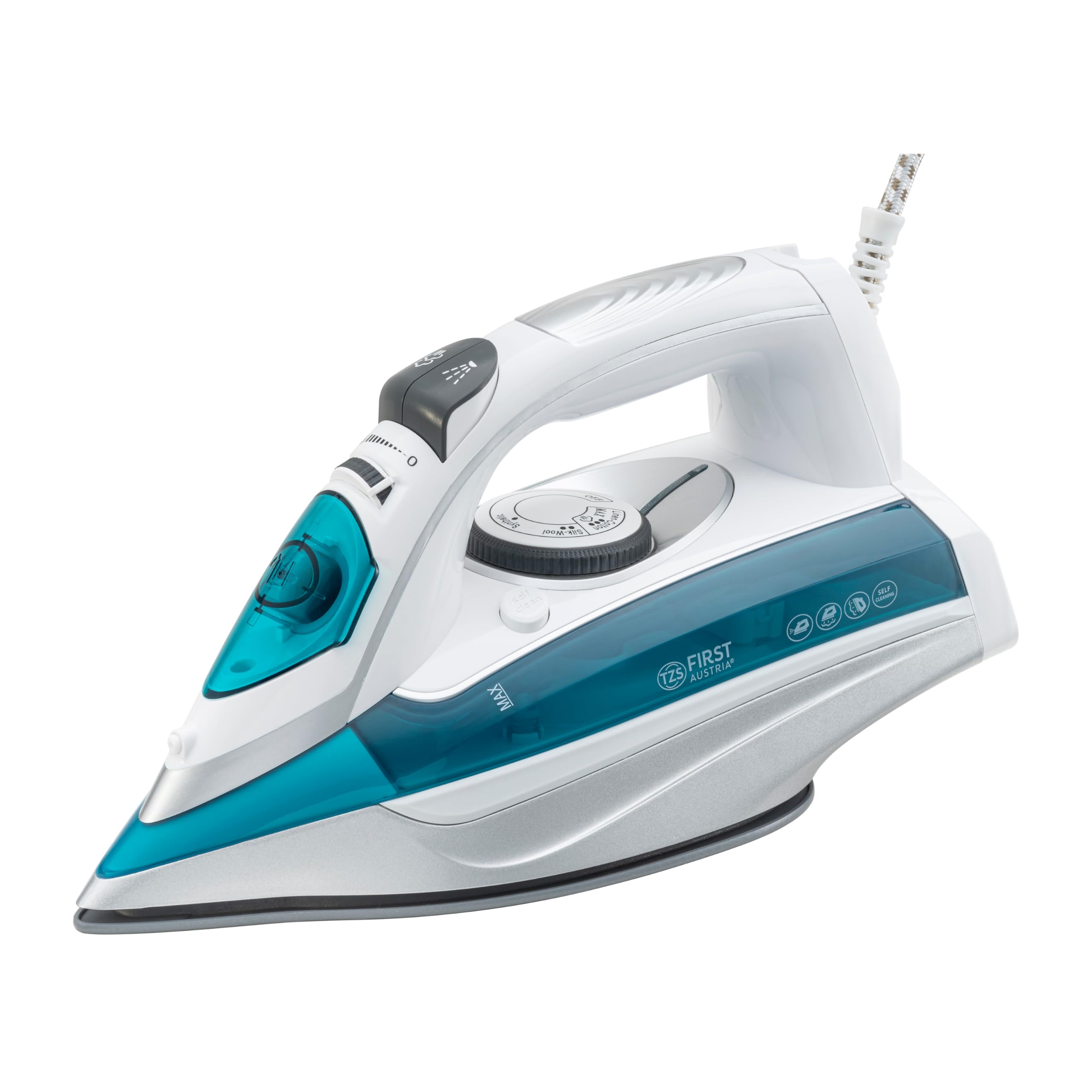 TZS First Austria - Fer à Repasser Vapeur 1200W - 450ml - 93 Sorties de Vapeur - Débit 27g/min & Effet Pressing 1g - Semelle Céramique - Anti-Calcaire, Vapeur Verticale & Auto-Nettoyage - Vert