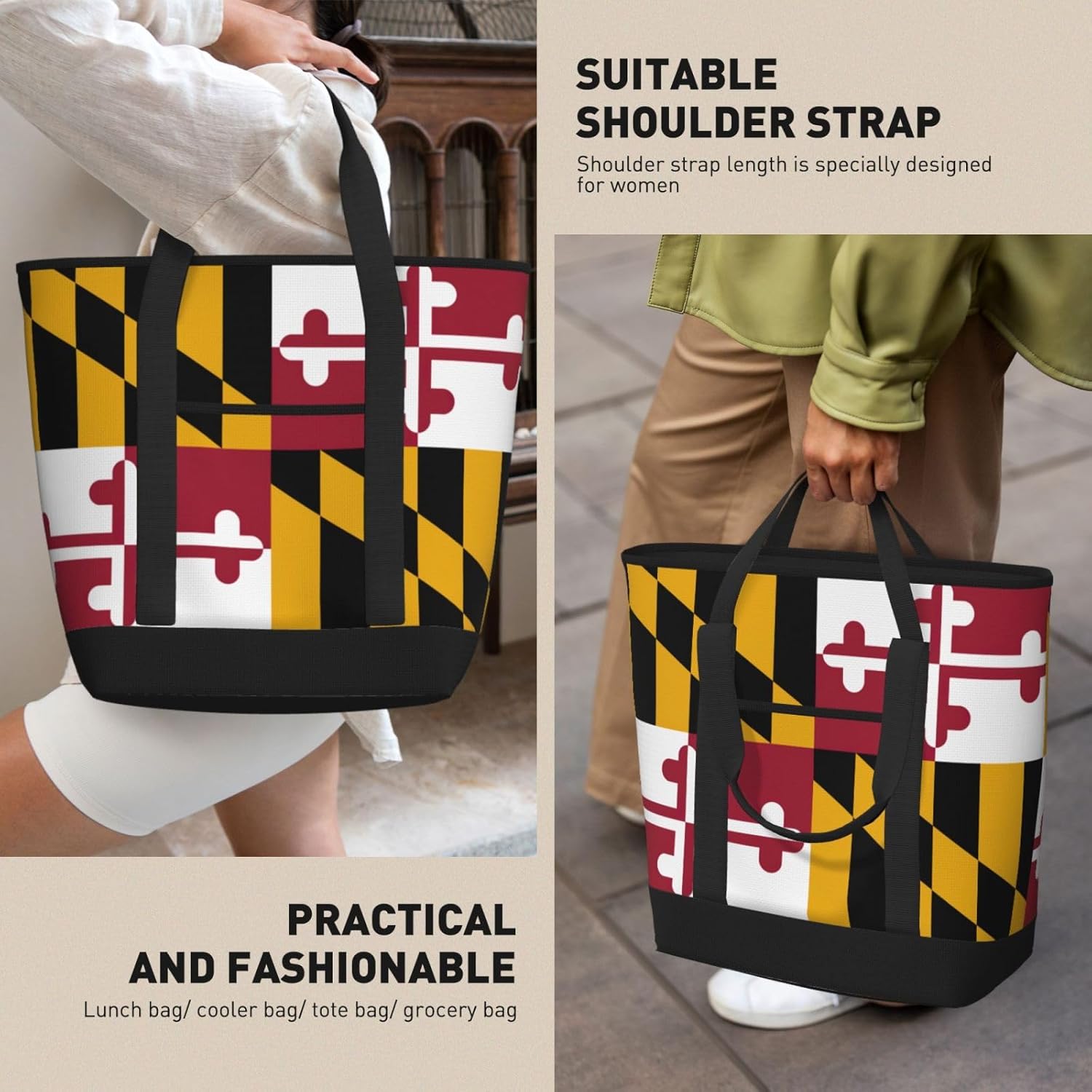 Maryland State Flag Print Large Cooler Bag Tote Bag,Reusable Grocery Bag,Lunch Box Bag, For Picnic Beach Camping