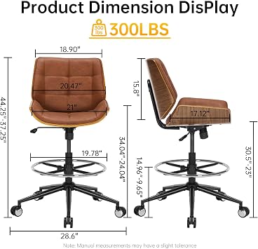 Drafting Chair Ergonomic Executive Computer Standing Desk Chair with Adjustable Height and Footrest Ring, Drafting Chair for Counter Height Desk and Drawing, Swivel Drafting Stool, Brown
