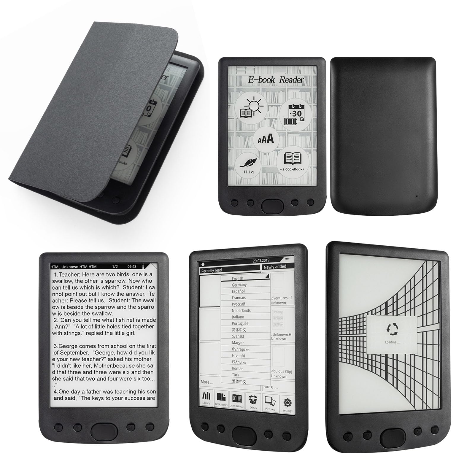Annadue E-Reader, Tragbarer 6-Zoll-E-Book-Reader, 800 X 600 HD-augenfreundlicher Bildschirm, 2500-mAh-, Unterstützung Bis zu 32 G, Digitaler - mit Schutzhülle (16GB)