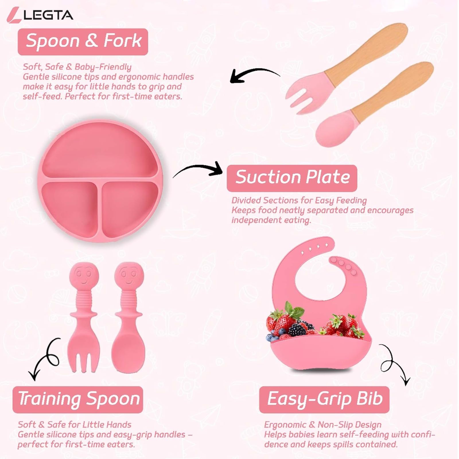 Set per lo svezzamento del bambino, in silicone rosa, con piatto, ciotola, tazza, cucchiaio, forchetta, bavaglino, 11 pezzi, per uso alimentare, lavabile in lavastoviglie (rosa)