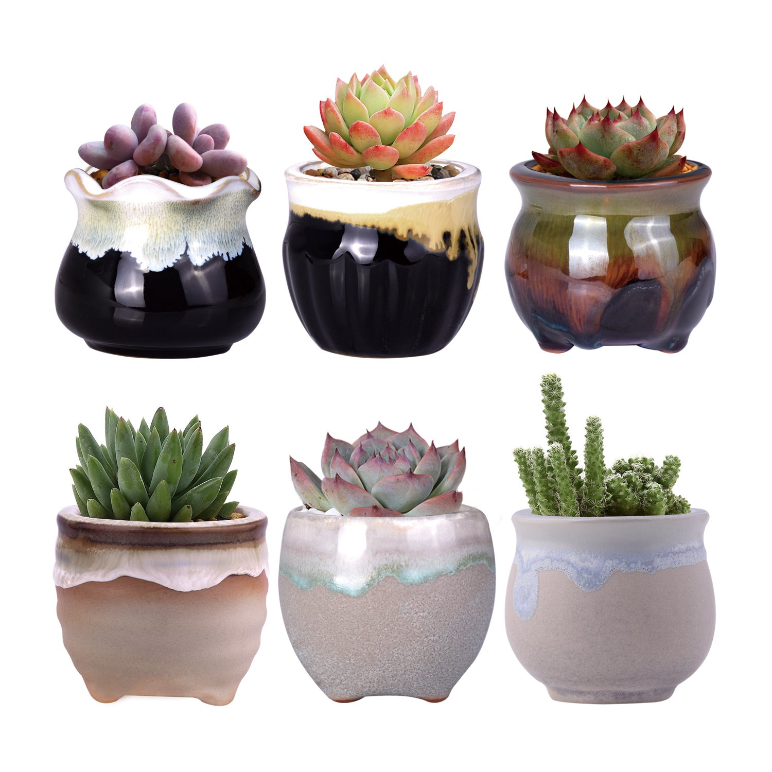 WITUSE Small Succulent Pots Mini Cactus Pot Glazed Ceramic Plants Pot with Drainage- 6 Pcs