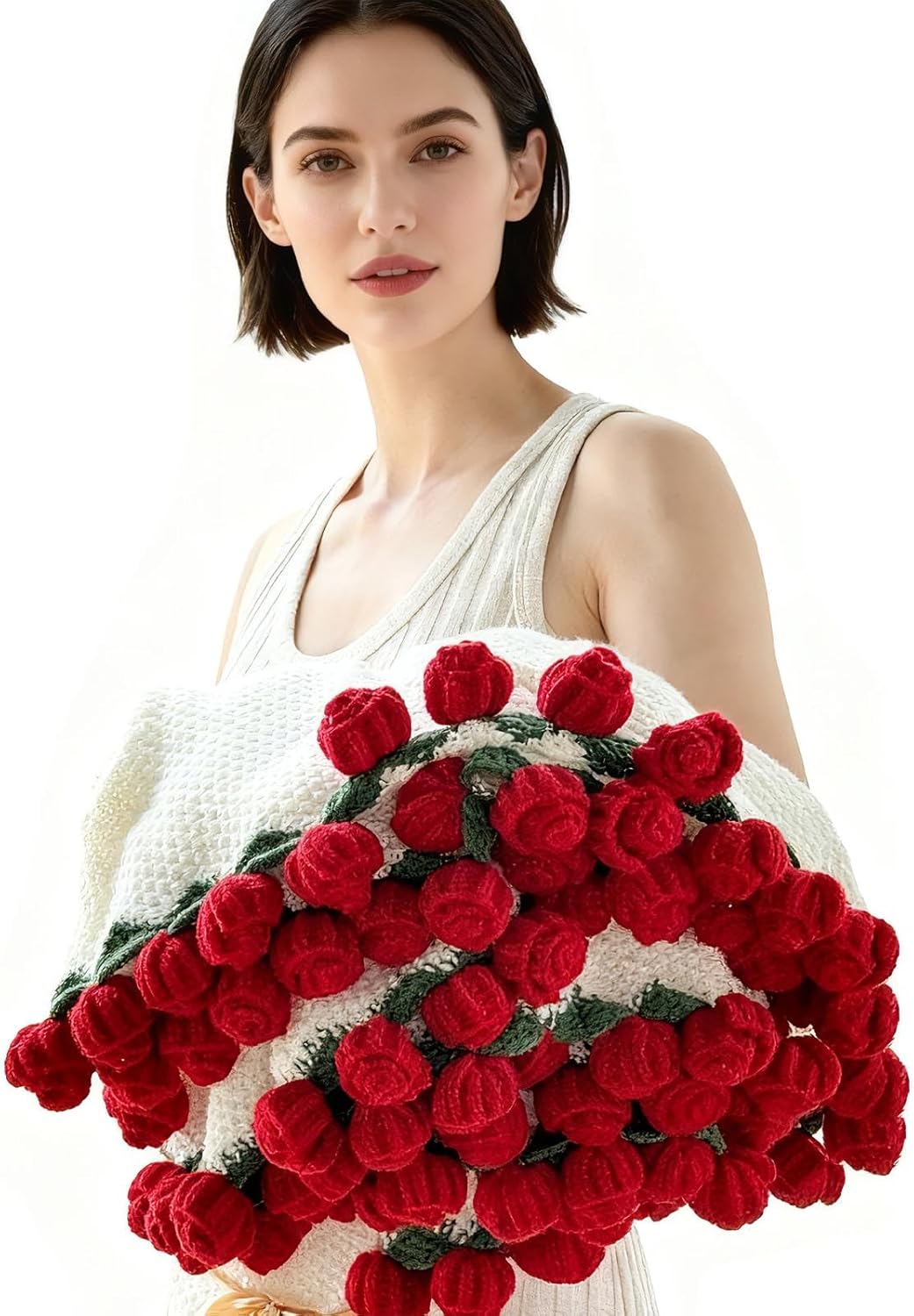 Crochet Flower Blanket, 43'' Crochet Flowers Bouquet Blanket Gifts for Women Birthday Unique, Soft Knit Throw Blanket Home Decor, Romantic Rose Blankets for Valentine's Day, Christmas,Anniversary(Red)