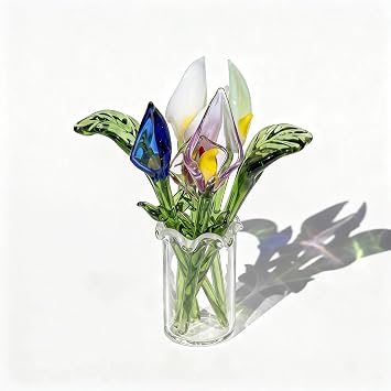 8 Pcs Mini Glass Calla Lily Flower Hand Blown Glass Artificial Flowers with Clear Vase Crystal Tulip Bouquet Collectible Ornament for Women Mom Wedding Home Table Centerpiece Multicolor