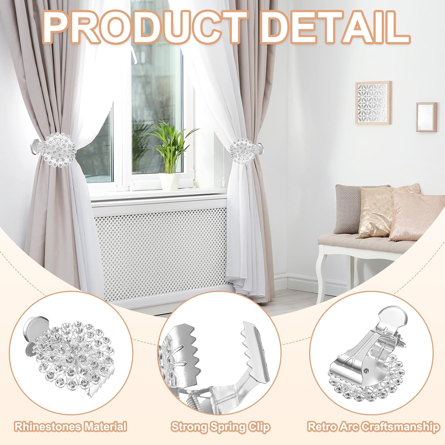 PATIKIL Rhinestone Curtain Tieback Clips, 2 Pack Crystal Flower Curtain Buckle Clips Drapery Holdbacks for Home Office Cafe Balcony, Silver image 3