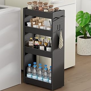 【薄型】隙間ワゴン 幅20cm TKUIN キッチンワゴン キャスター付き スリム 4段 スチール 耐荷重約32Kg 冷蔵庫横 隙間収納 洗濯機横 収納 調味料 すきまラック 浴室 文房具 洗面所 小物 スキマ収納ラック ハンドル・フック付き スリムワゴン 細い棚 収納カート (ブラック-幅20CM)