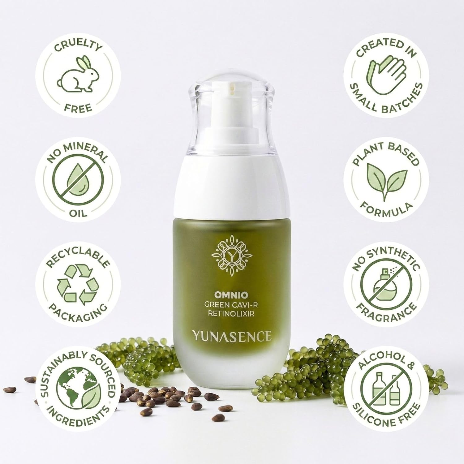 YUNASENCE OMNIO Green Cavi-R Retinolixir, w/3% Bakuchiol, Marula, Vitamin C, Chaga Mushroom. Anti Aging, Firming. Bio-Retinol.