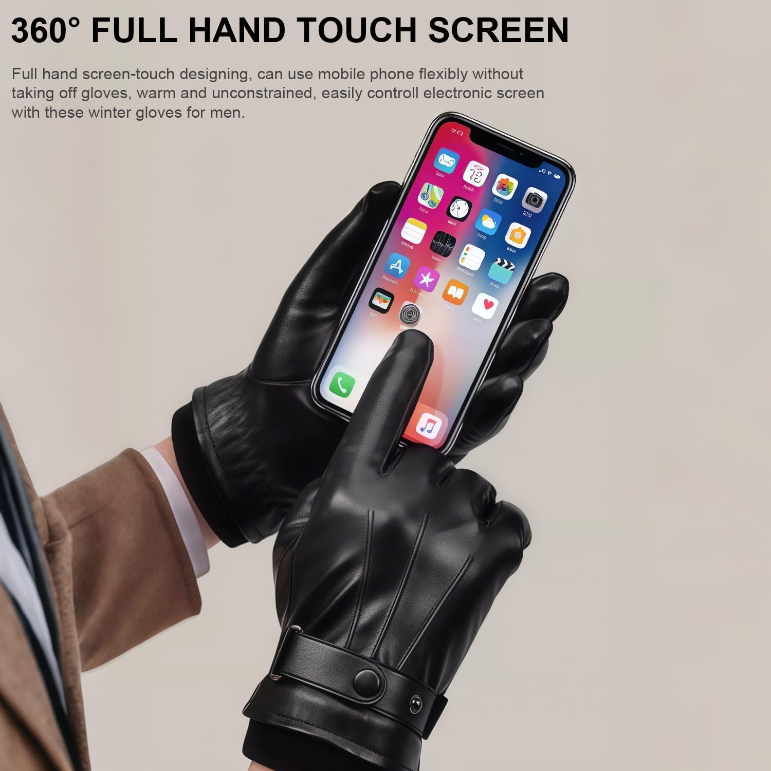 Tavaleu Leather Gloves for Men - Winter Gloves Men Touchscreen, Mens Leather Glove Warm Cashmere Lining Motorcycle Driving - Image 2