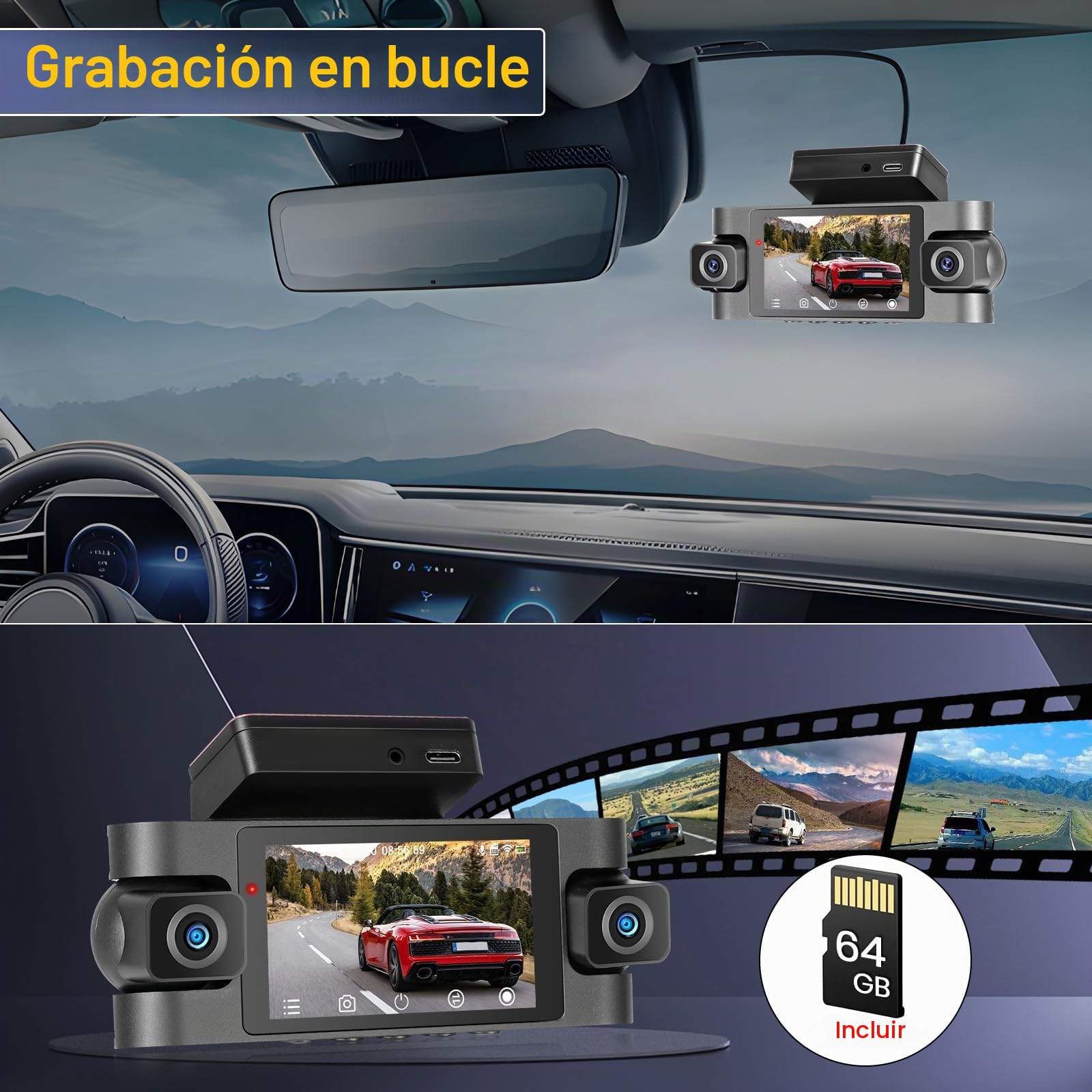 Hikity 2K WiFi Dashcam 4 Dashcam con Pantalla IPS G-Sensor Tarjeta TF 64G | IPS Dashcam con Coche Control APP Ángulo 360° Modo Aparcamiento 24H Grabación Continua Cámara de Coche Visión Nocturna